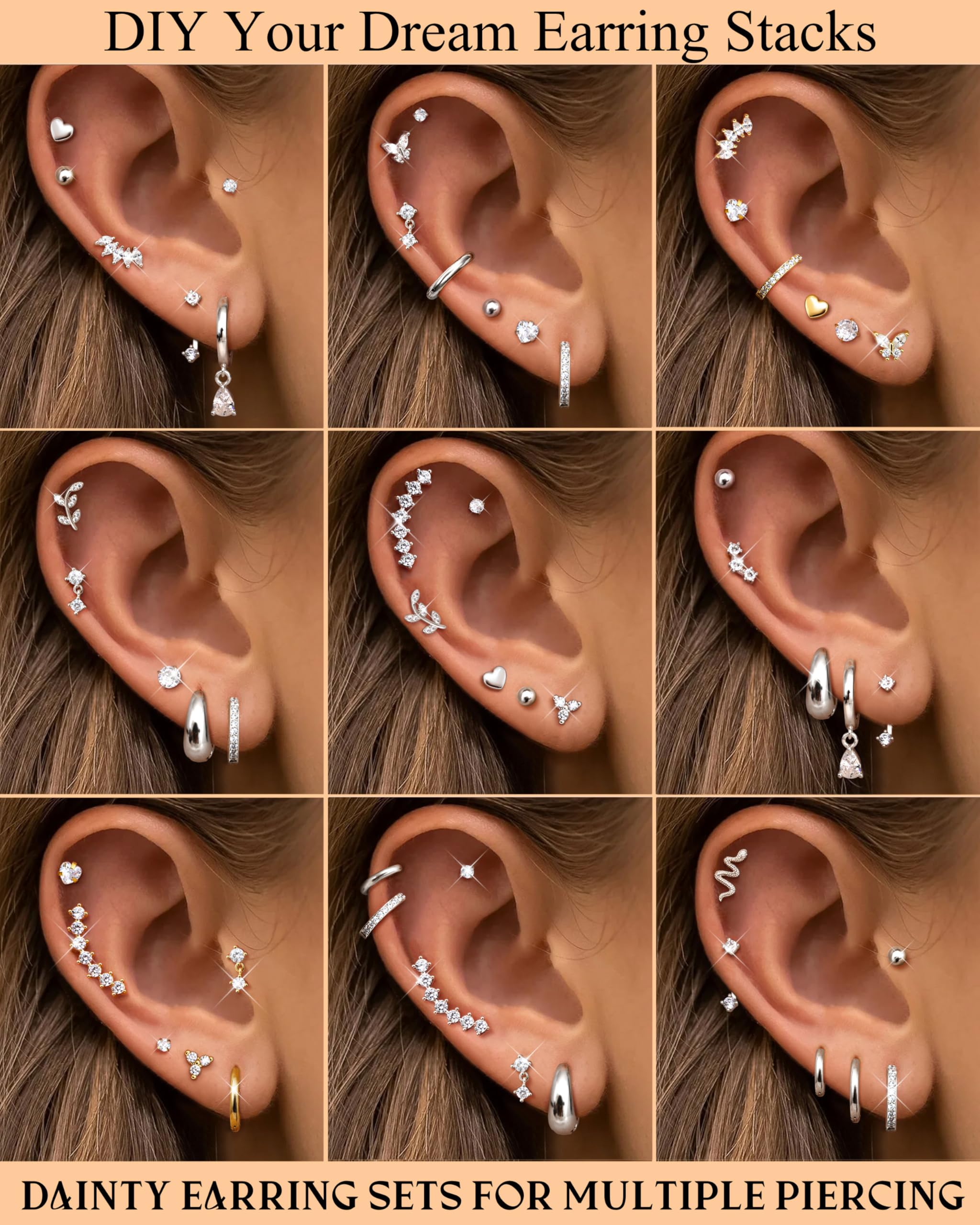 LOLIAS 20 sztuk kolczyków typu helix ze stali chirurgicznej, kolczyki damskie, płaskie, z płaskim zamknięciem, kreolki, kolor złoty, srebrny, conch, helix, tragus, biżuteria do uszu