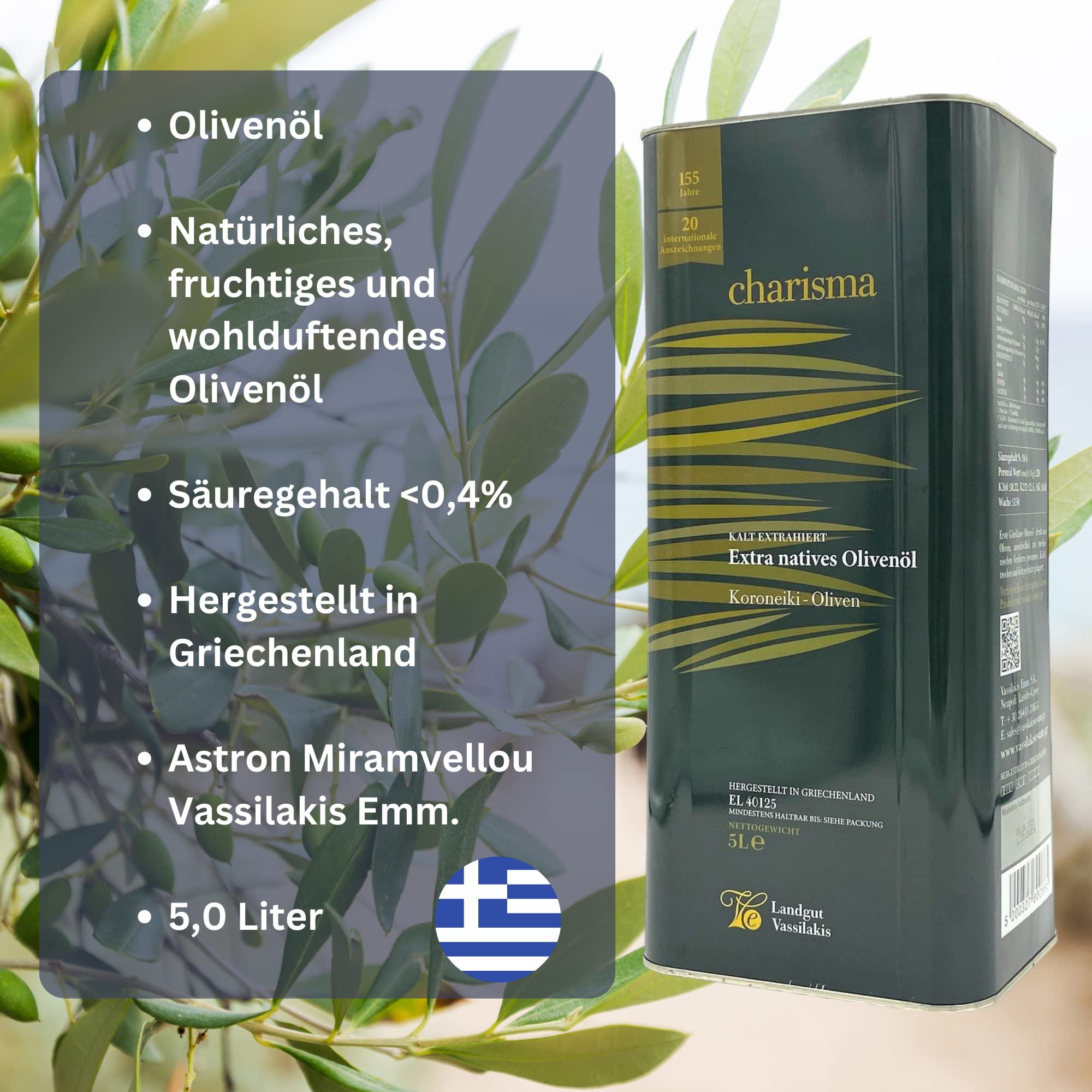Charisma Olivenöl 2x 5,0l Vassilakis Estate | Extra natives Olivenöl aus Kreta | Säuregehalt < 0,4% | + 20ml Jassas Olivenöl