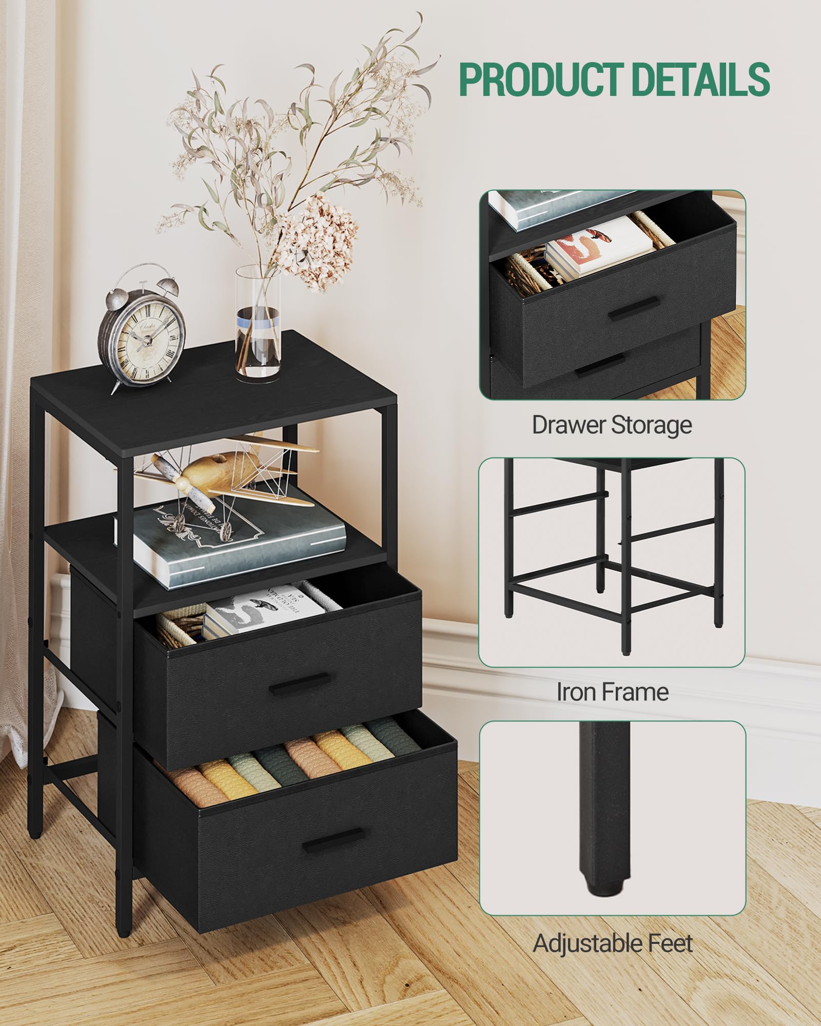 Tables De Chevet Lot De 2 – Design étroit (35 X 27 X 60 Cm), Avec 2 Tiroirs Tissu, Blanc, Pour Chambre Ou Salon