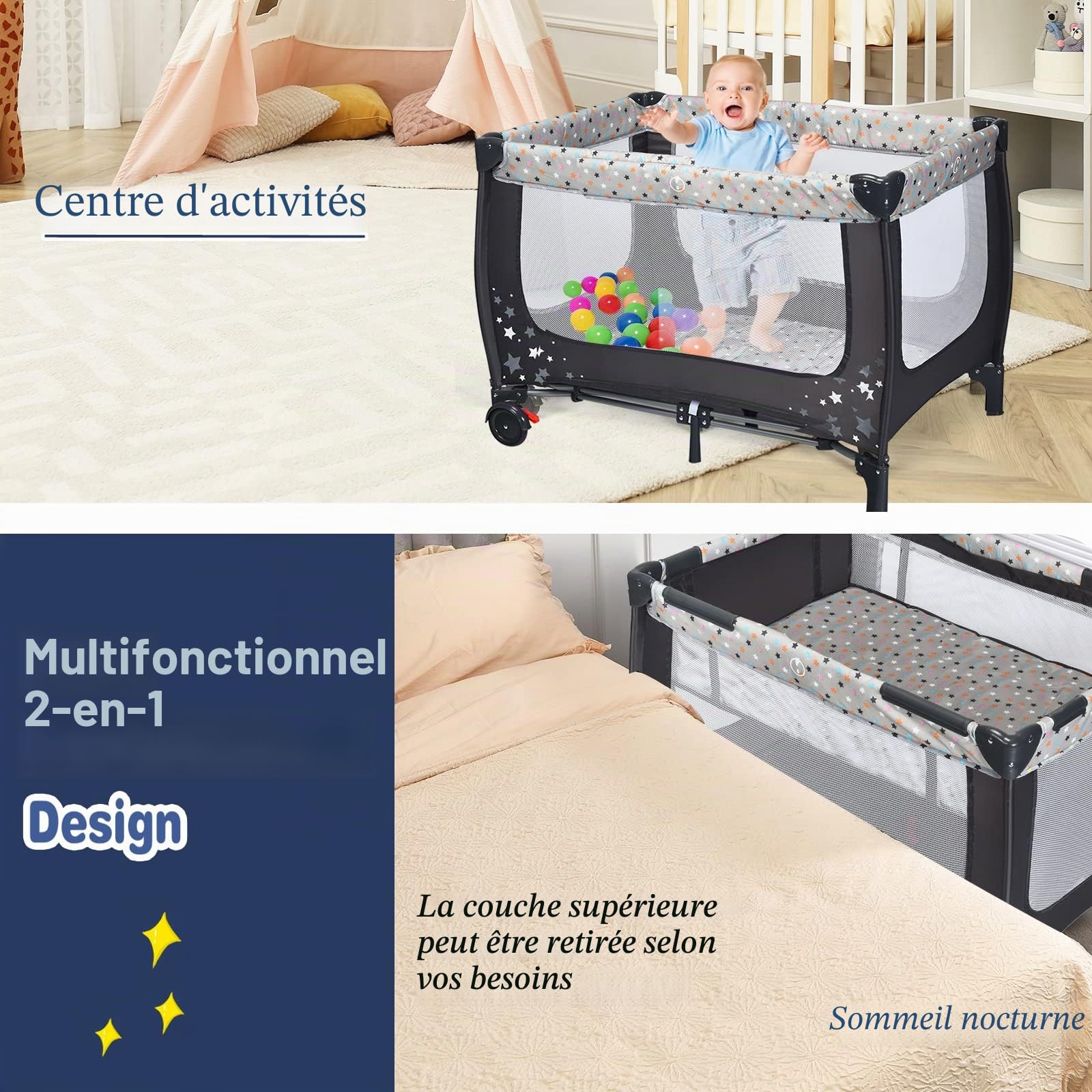 LIFEZEAL Lit Bébé 3 en 1 Pliable, Parapluie Bébé avec Matelas, 0-36 Mois, Superposé Amovible, 2 Roues Verrouillables, Voyage avec Sac de Rangement, Gris