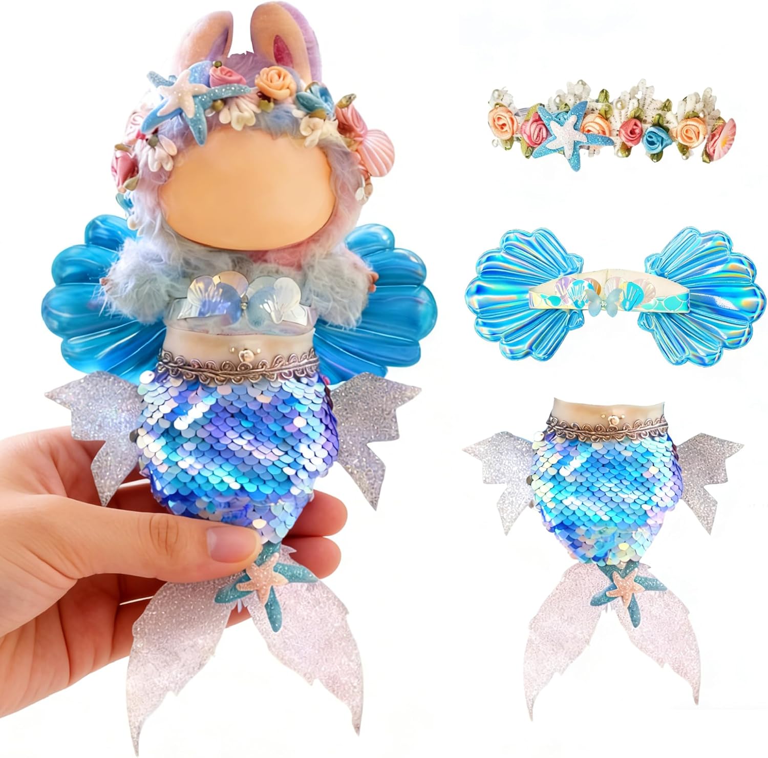 Mermaid Costume for 17cm Labubu Doll, Iridescent Beach Theme Outfit, Colorful Personalized Clothing