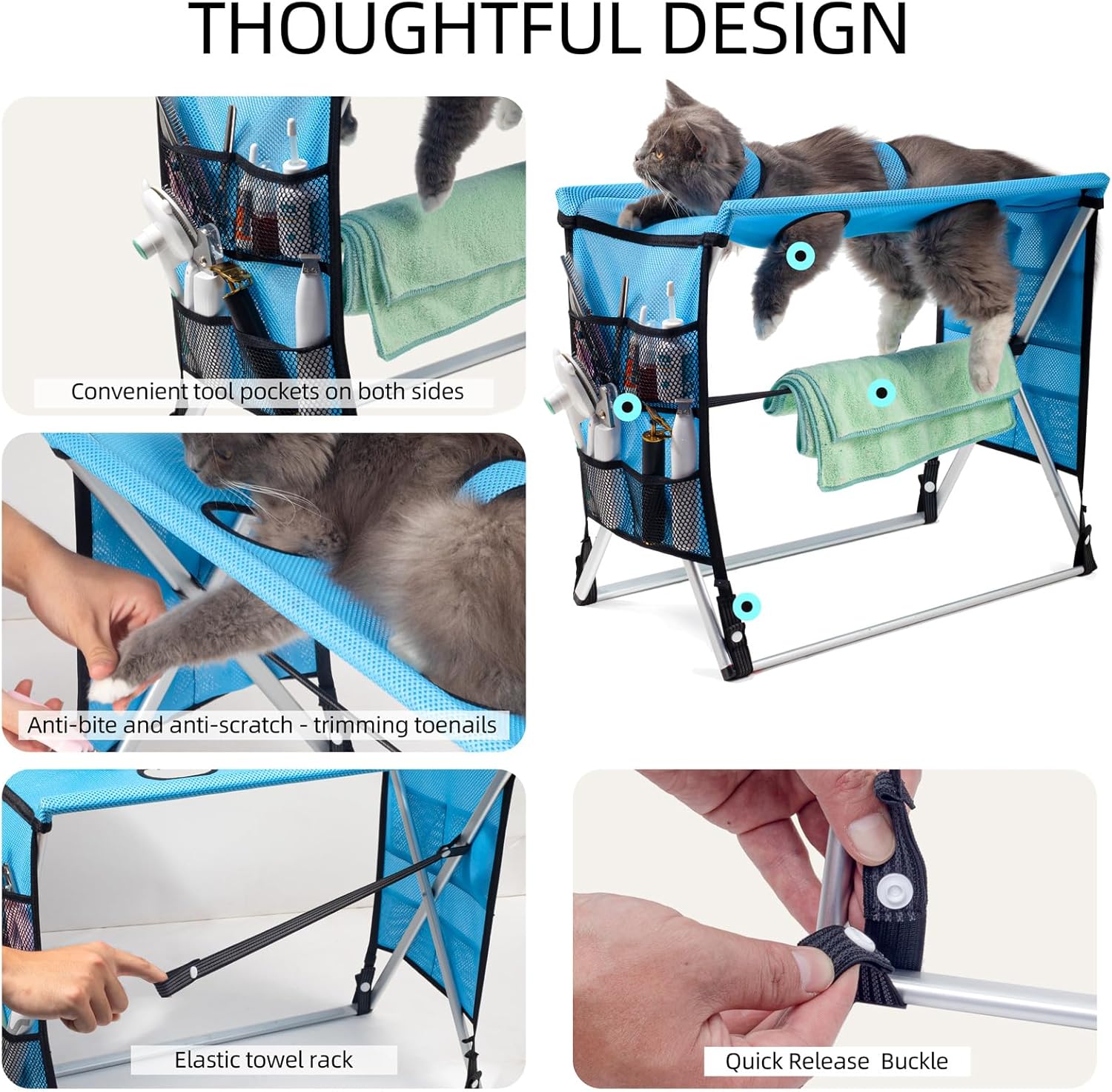 Cat Grooming Table - Foldable Bathing Hammock with 4 Dedicated Nail Trimming Leg Holes, 2 Anti-Choke Safety Straps, Drainable Mesh & Lightweight Frame for Pets to 13 lb(Greener)