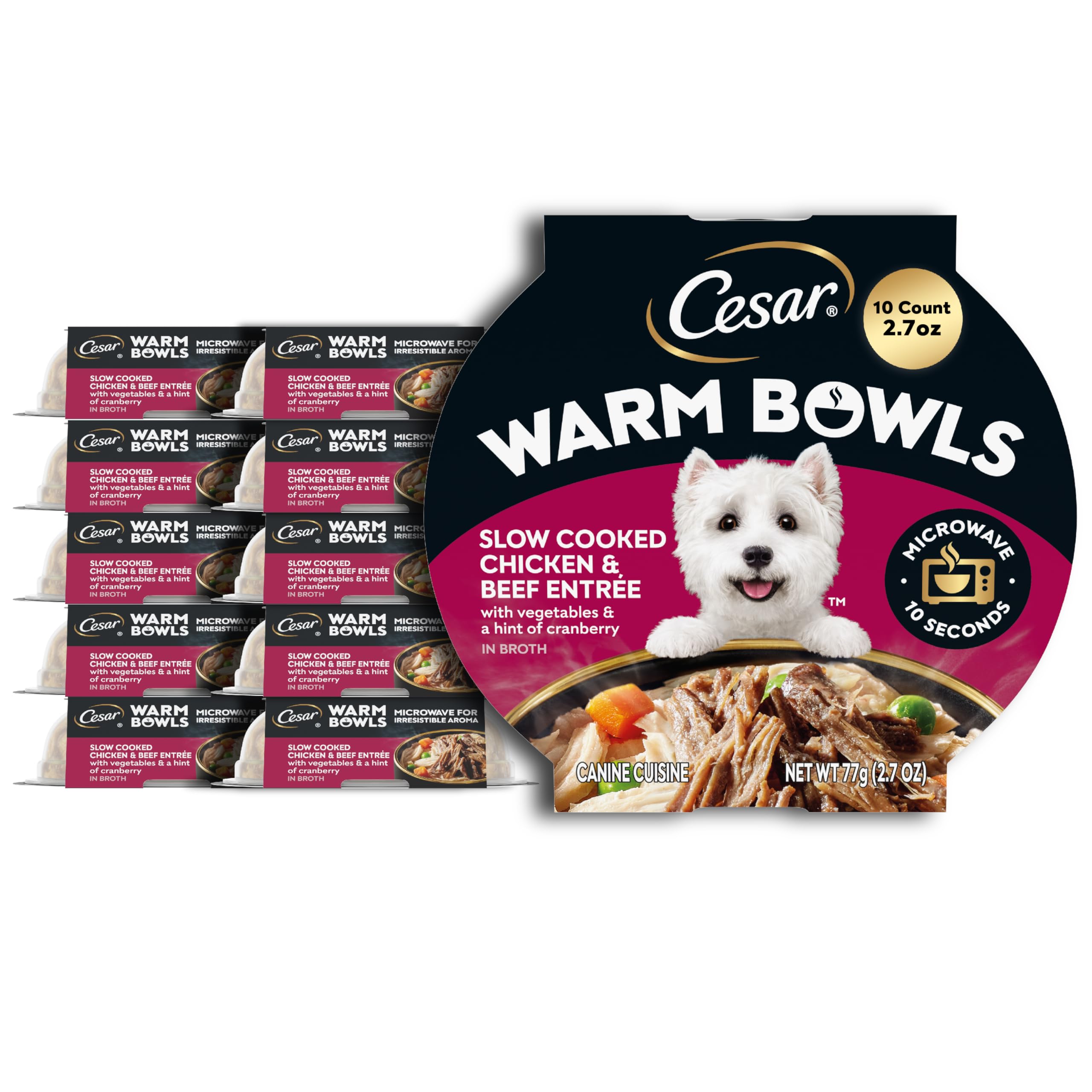 Cesar Warm Bowls Wet Dog Food Chicken & Beef Entrée with Vegetables & a Hint of Cranberry in Broth, Wet Food for Dogs, 2.7 oz Bowls, 10 Count