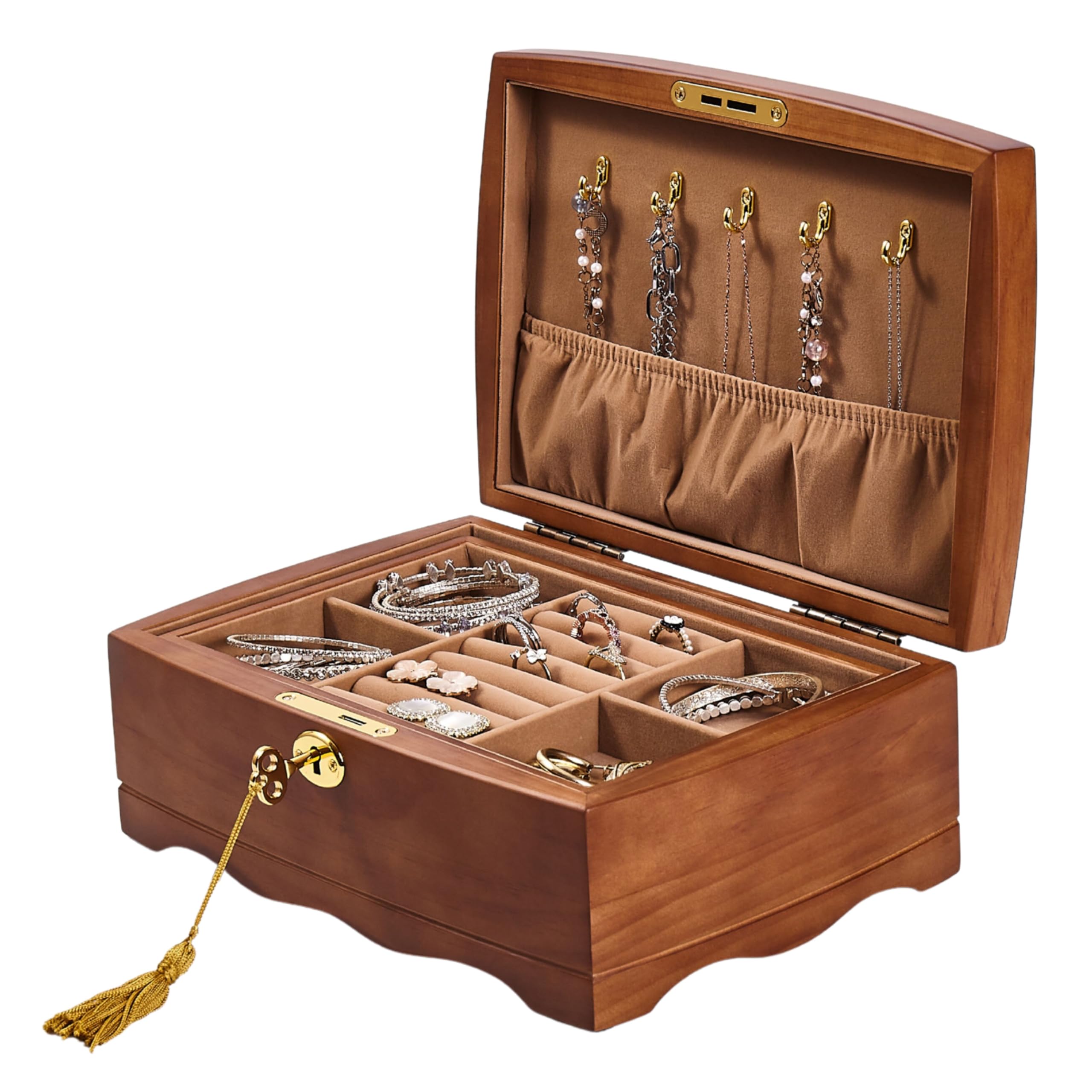 EURIELK Wooden Jewelry Box with Lock & Key for Women, Medium Size
