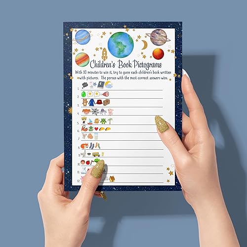 Miniatura 5 de Cosmic Baby Shower Juego Emoticon Pictographs Adivinando, paquete de 25 – Actividad única de Baby Shower Guess The Storybook para invitados, ideas