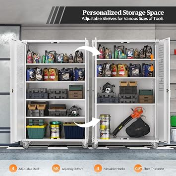 VINGLI Upgraded Wide & Deep Garage Storage Cabinet, Metal Storage Cabinet with Pegboards, Wheels, Locking Doors and Adjustable Shelves (Gray, 43''W x 20''D x 72''H)