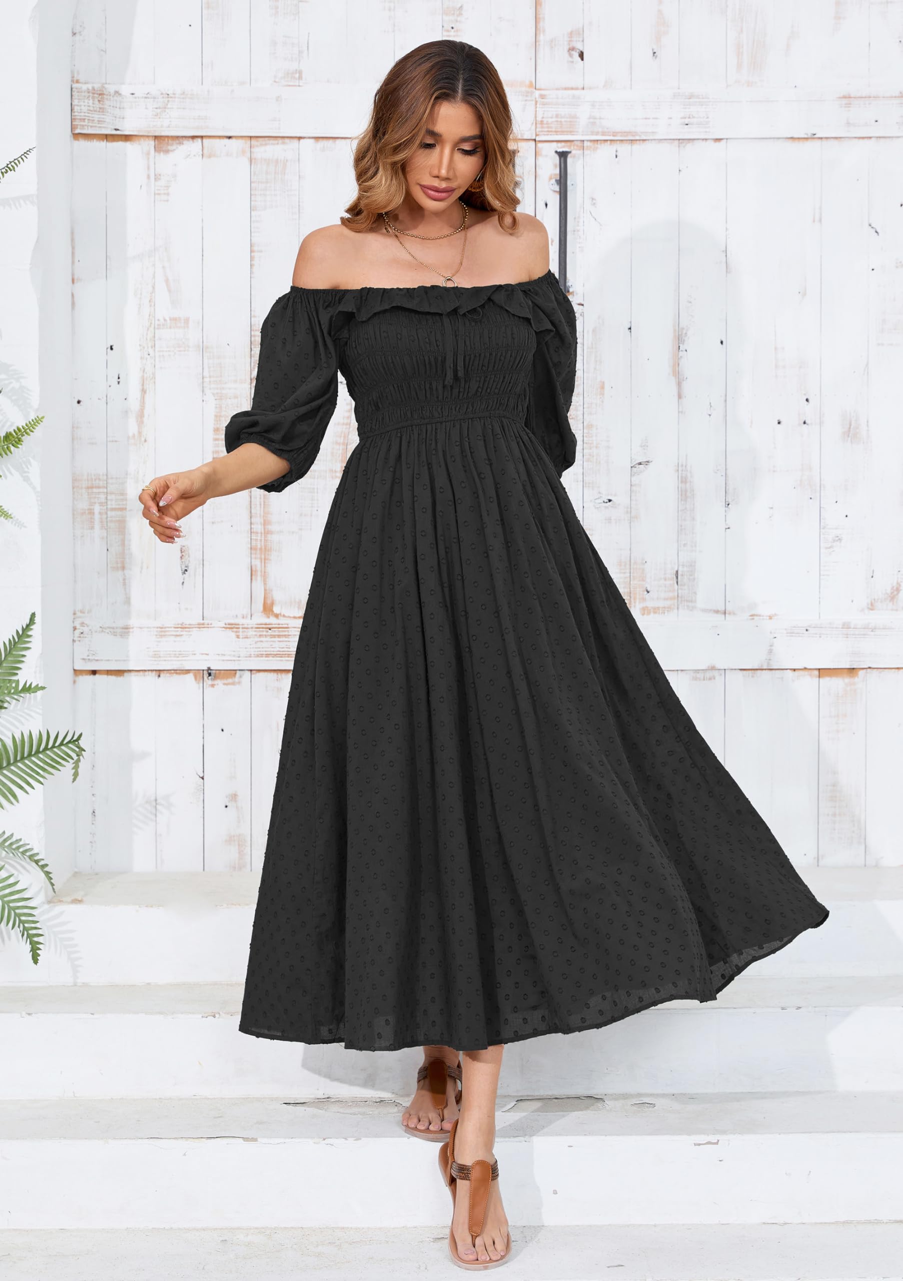 R.Vivimos Women Summer Half Sleeve Cotton Ruffled Vintage Elegant Backless A Line Flowy Long Dresses: Medium Black-1