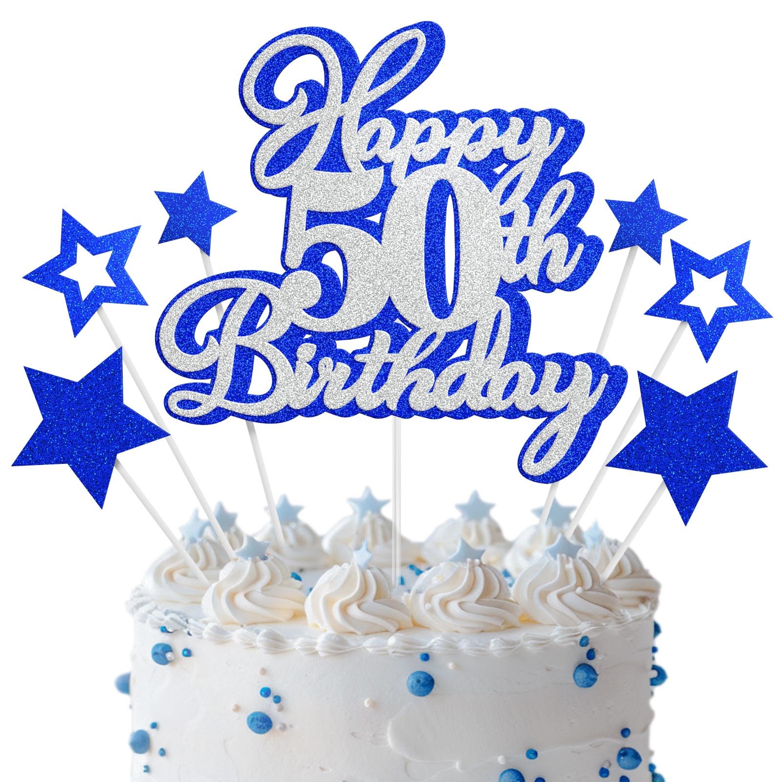 Happy 50th Birthday Cake Topper 50 Birthday Cake Decorations, Happy 50th Birthday Anniversary Party Cake Decorations for Men Women, Blue Silver Glitter