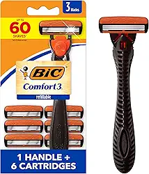 BIC Comfort 3 barbeador descartável de três lâminas recarregável para homens, lâmina de pele sensível para um barbear confortável, 1 alça e 6 cartuchos, conjunto de 7 peças
