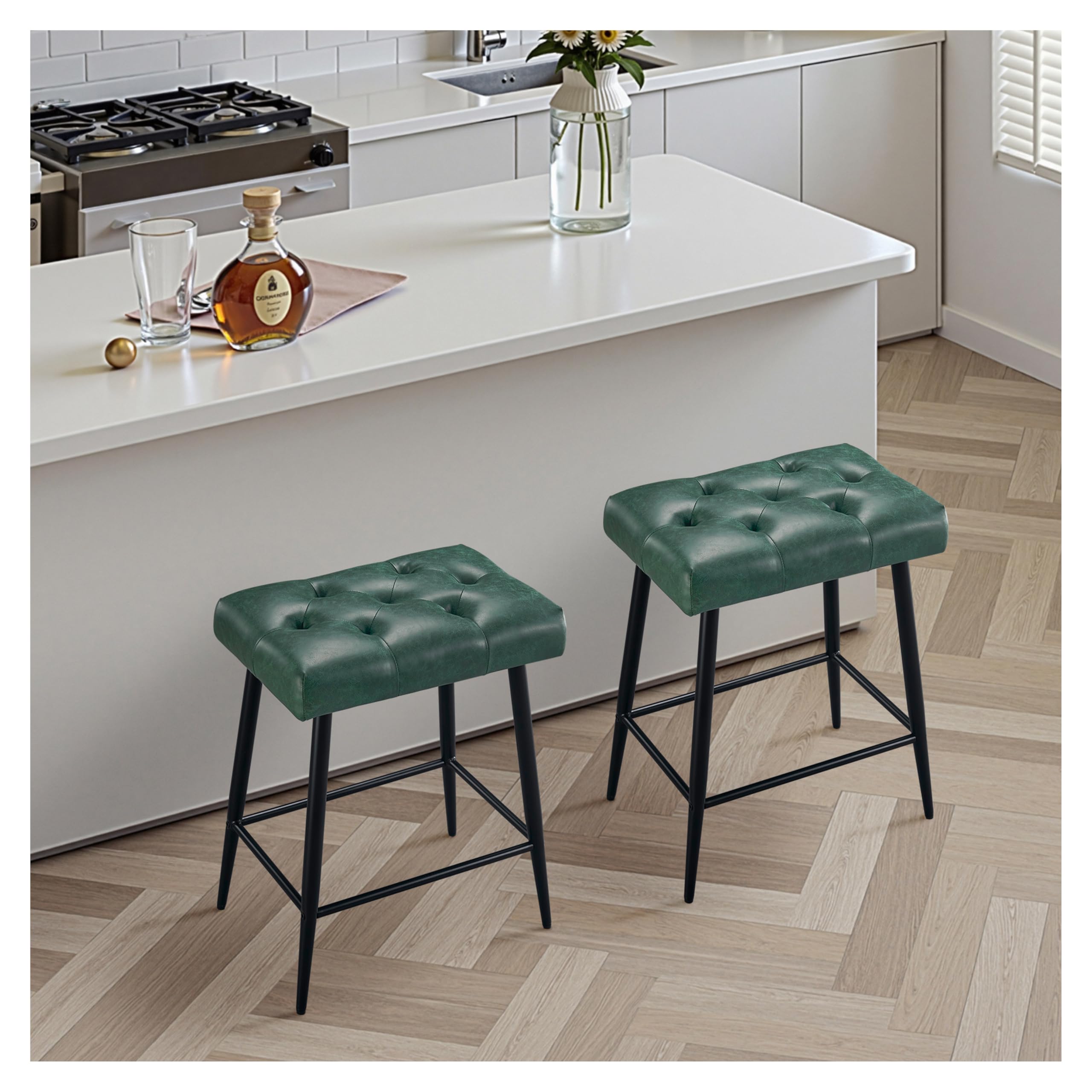 Taburete Bar Juego de 2, Taburete Alto Cuero de Microfibra, Taburete Cocina con Reposapiés 62.5 cm Altura, Taburete Alto Cocina 150 kg para Cocina, Comedor, Mostrador-Verde