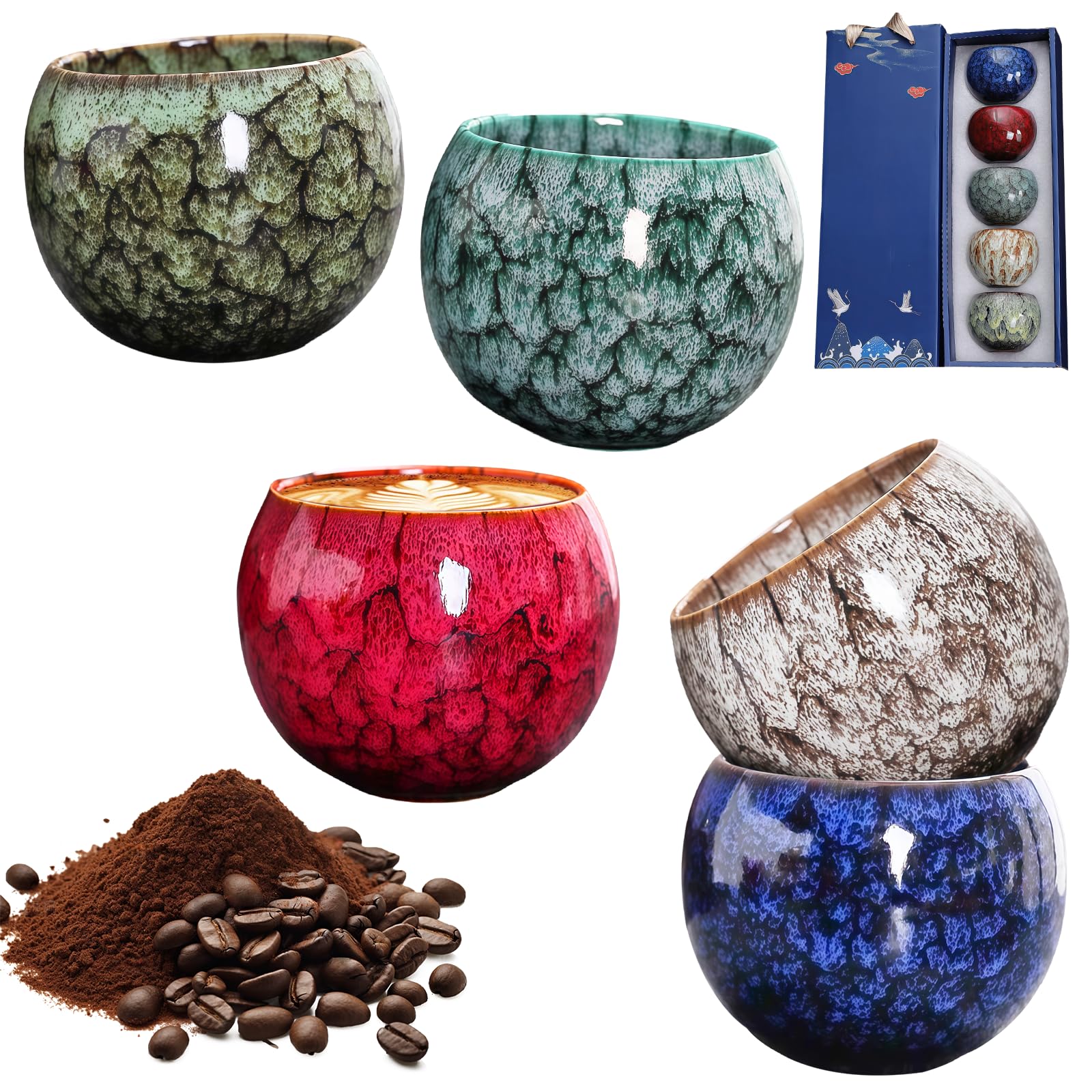 Juego de 5 tazas de café de cerámica, hechas a mano, de porcelana, de pared gruesa, sin asa, 150 ml, para café expreso, té