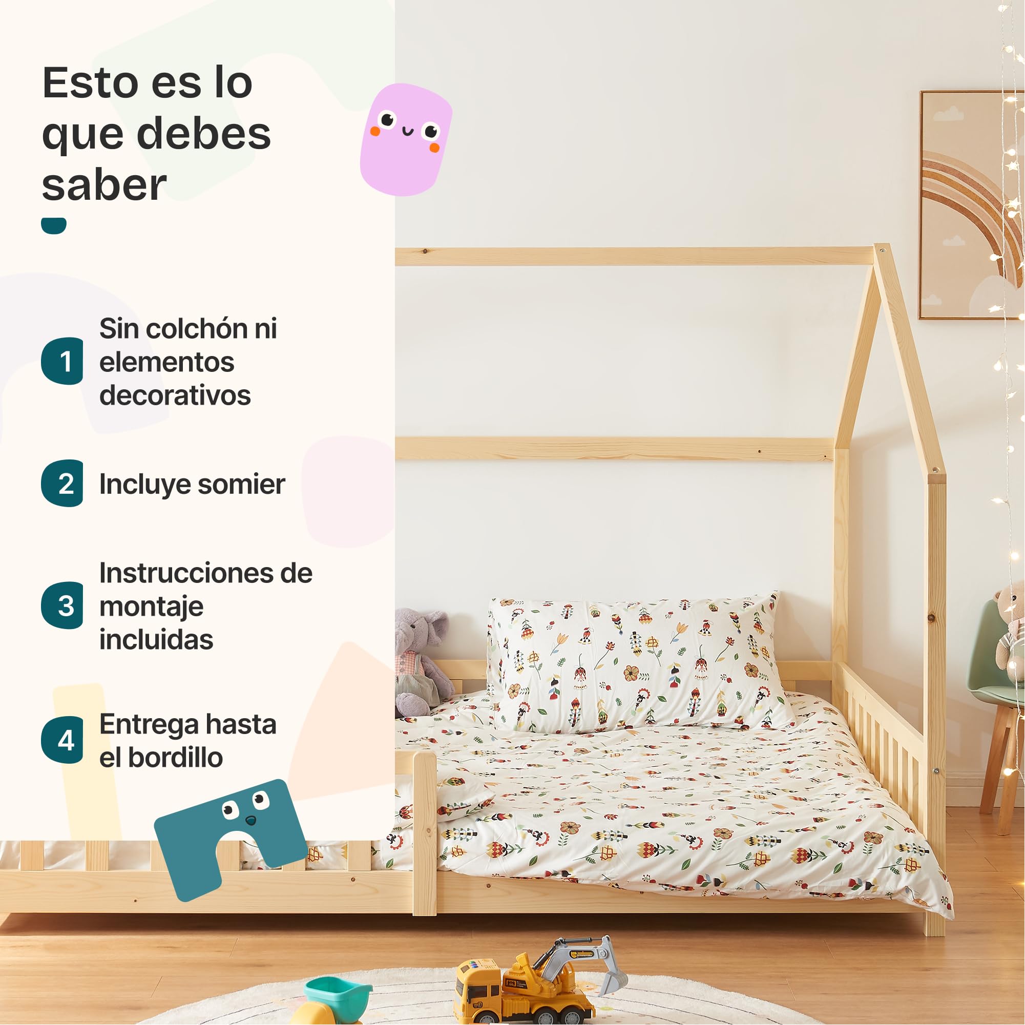 [en.casa] Cama para Niños Hesel Decorativa Cama Infantil Individual con Somier y Barandilla Estructura en Forma de Casa Estilo Montessori Madera de Pino 120 x 200 cm - Efecto Madera