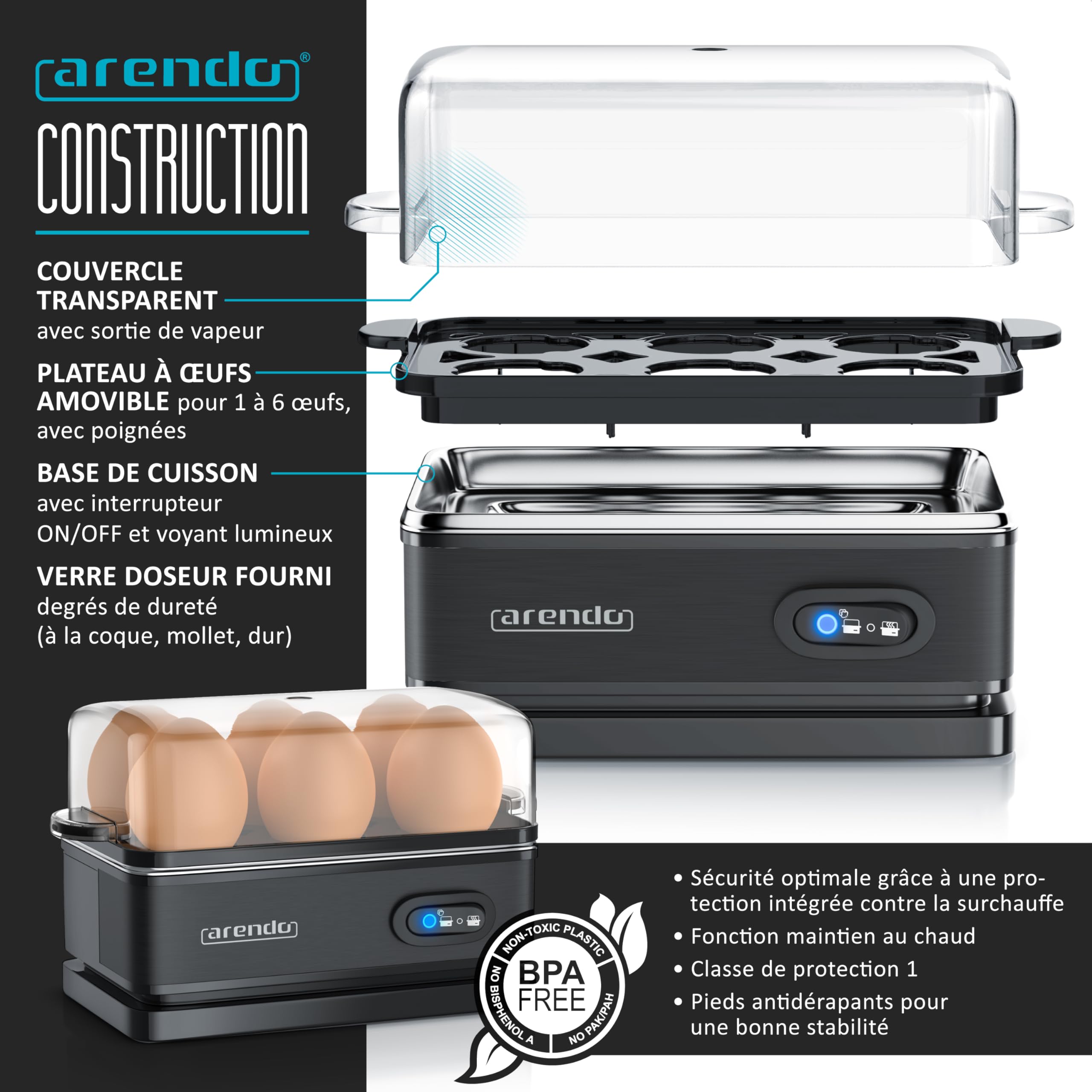Arendo Ensembles Bouilloire et grille-pain et cuiseur à oeufs Bouilloire en inox 1,5L 40°-100°C, Toaster 4 Tranches Ecran LED 6 niveaux de brunissage, Cuiseur à oeufs 1-6 oeufs, Verre doseur Noir