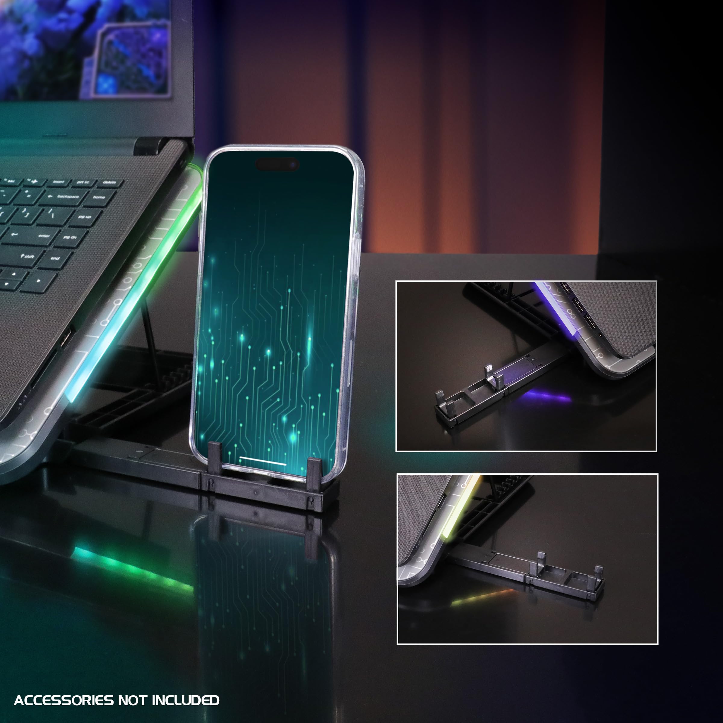 ENHANCE Gaming Voltaic 2 Laptop-Kühlständer – Laptop-Kühlpad mit 6 blauen LED-Lüftern, 7 Höheneinstellungen, RGB-Beleuchtung – Metall-Kühler-Pad mit Telefonständer, 2 USB-Anschlüsse für bis zu 43,2 cm