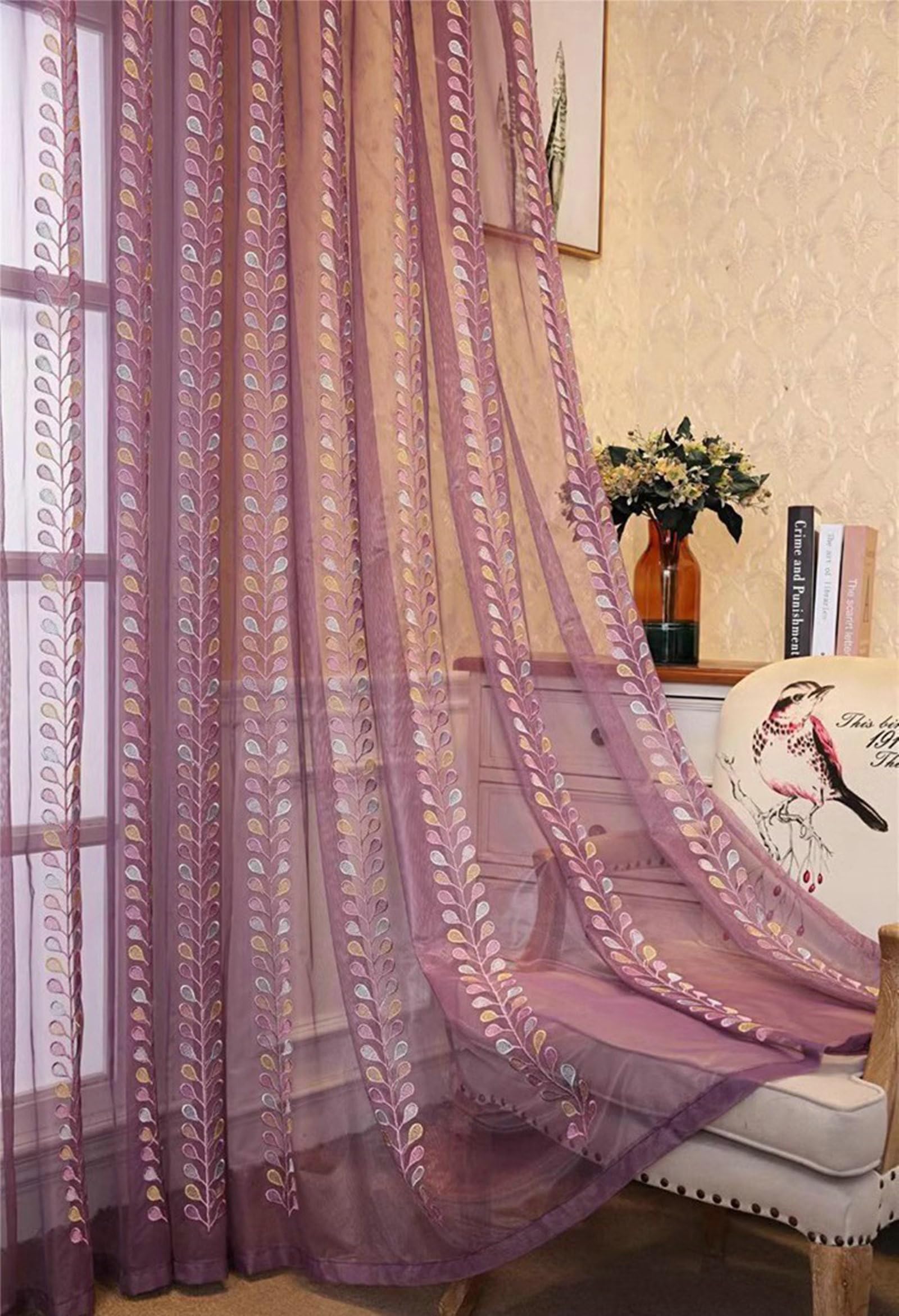 Fioletowa wisząca zasłona do sypialni, półprzezroczysta z haftowanymi liśćmi zasłona na drzwi wejściowe do salonu poliester, 42 szer. x 72 dł. cali (107 x 183 cm) z przelotkami