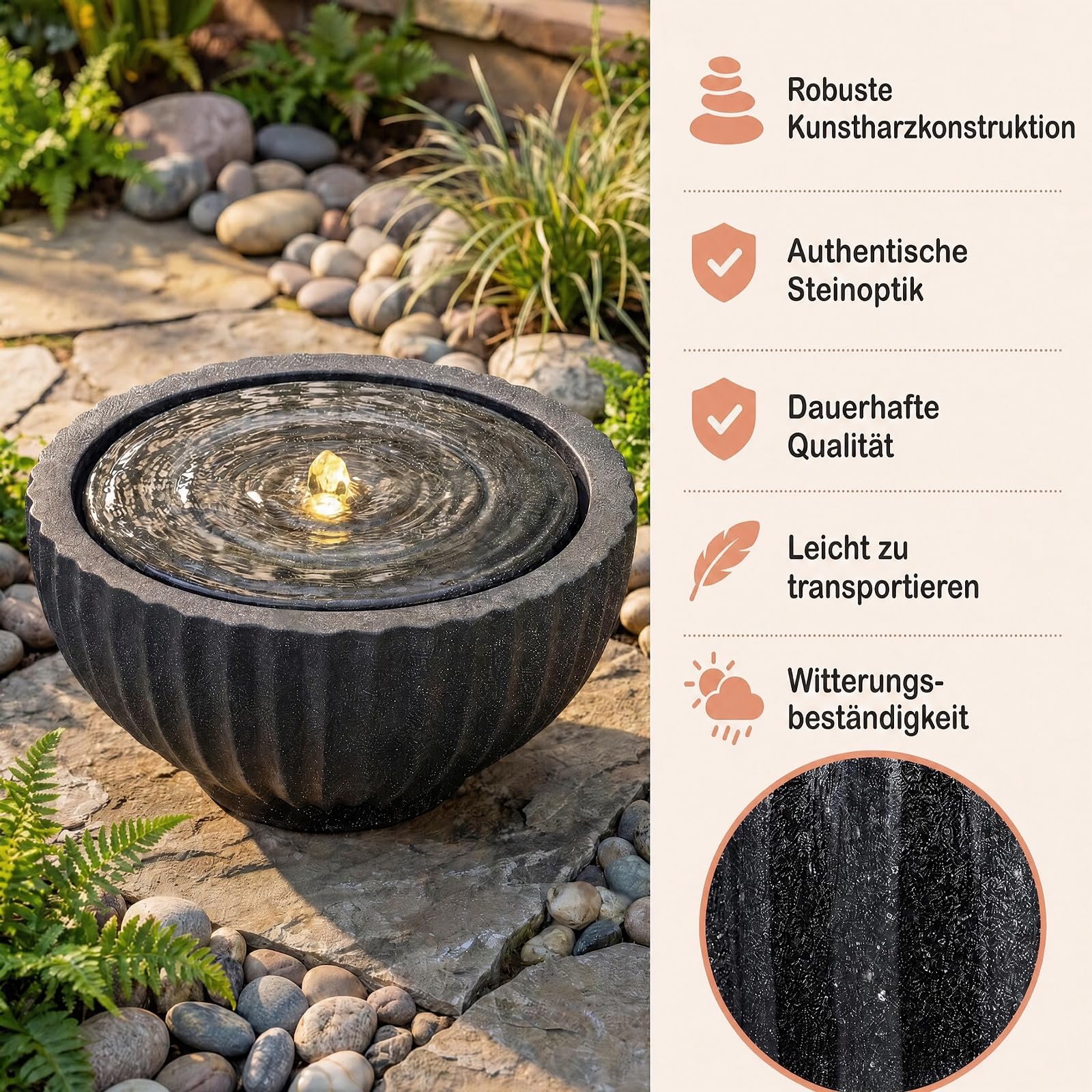 GYMAX Fuente de Jardín Redonda,Fuente Decorativa | Fuente de Agua con Iluminación LED, Bomba Ajustable y Resina Resistente para Salón, Patio y Terraza, 45 x 23,5 cm