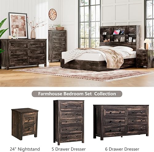 Miniatura 8 de Cómoda rústica de madera rústica con 5 cajones para dormitorio, organizador de aparadores altos con asas de metal, 5 cajones para sala de estar,