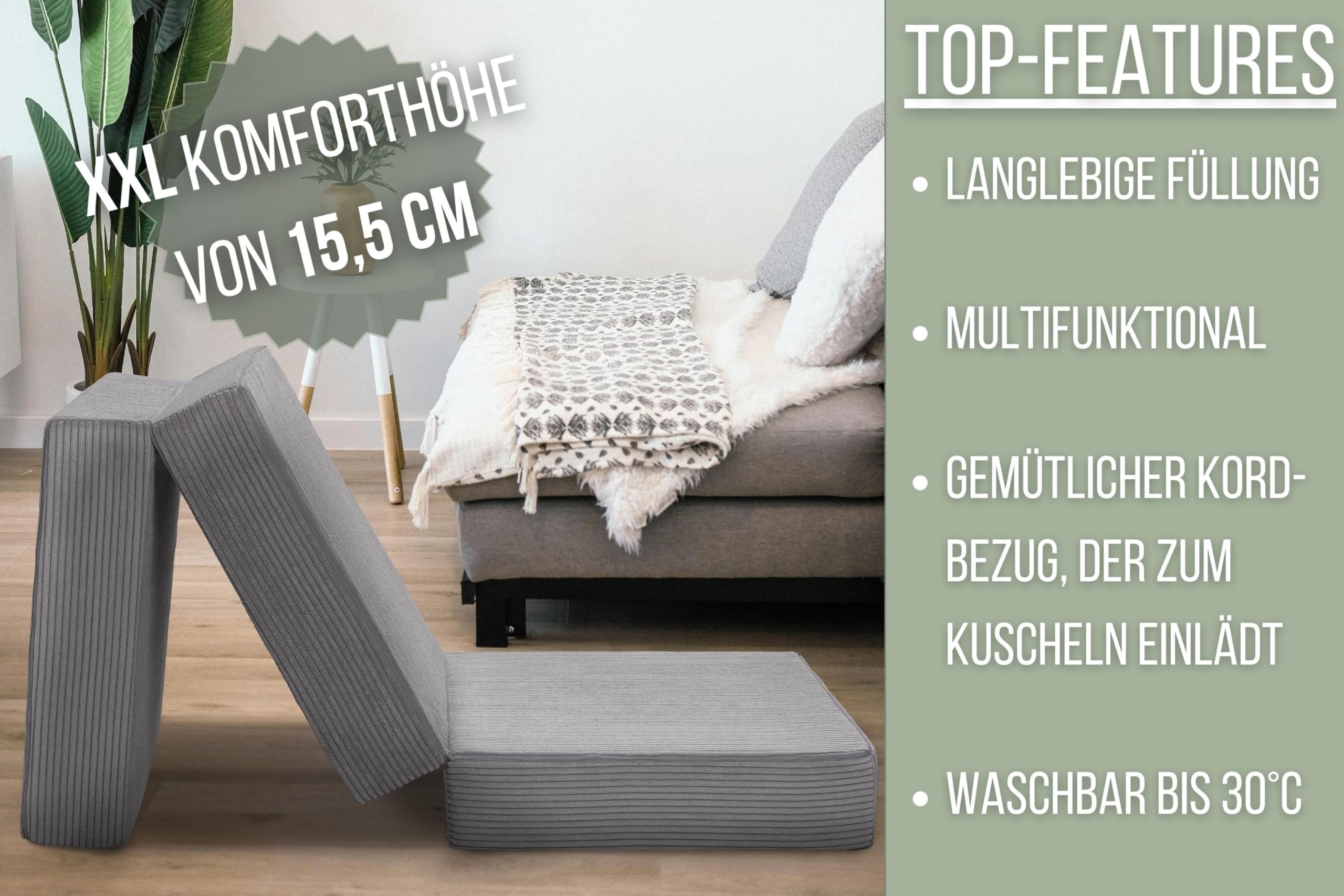 Badenia Trendline Kord Gästematratze XXL Steingrau 196x65x15 – Bild 6