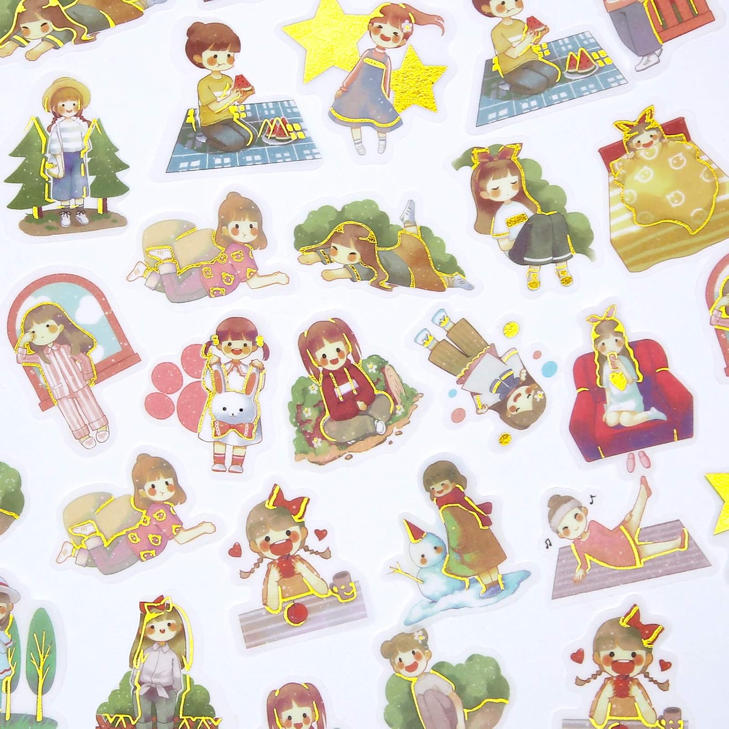 Amazon Tnyker シール フレークシール ステッカー 手帳 デコ スケジュール イラスト かわいい 花 ねこ 女の子 日常 カレンダー 40枚入り 一人の時間 シール ステッカー 文房具 オフィス用品