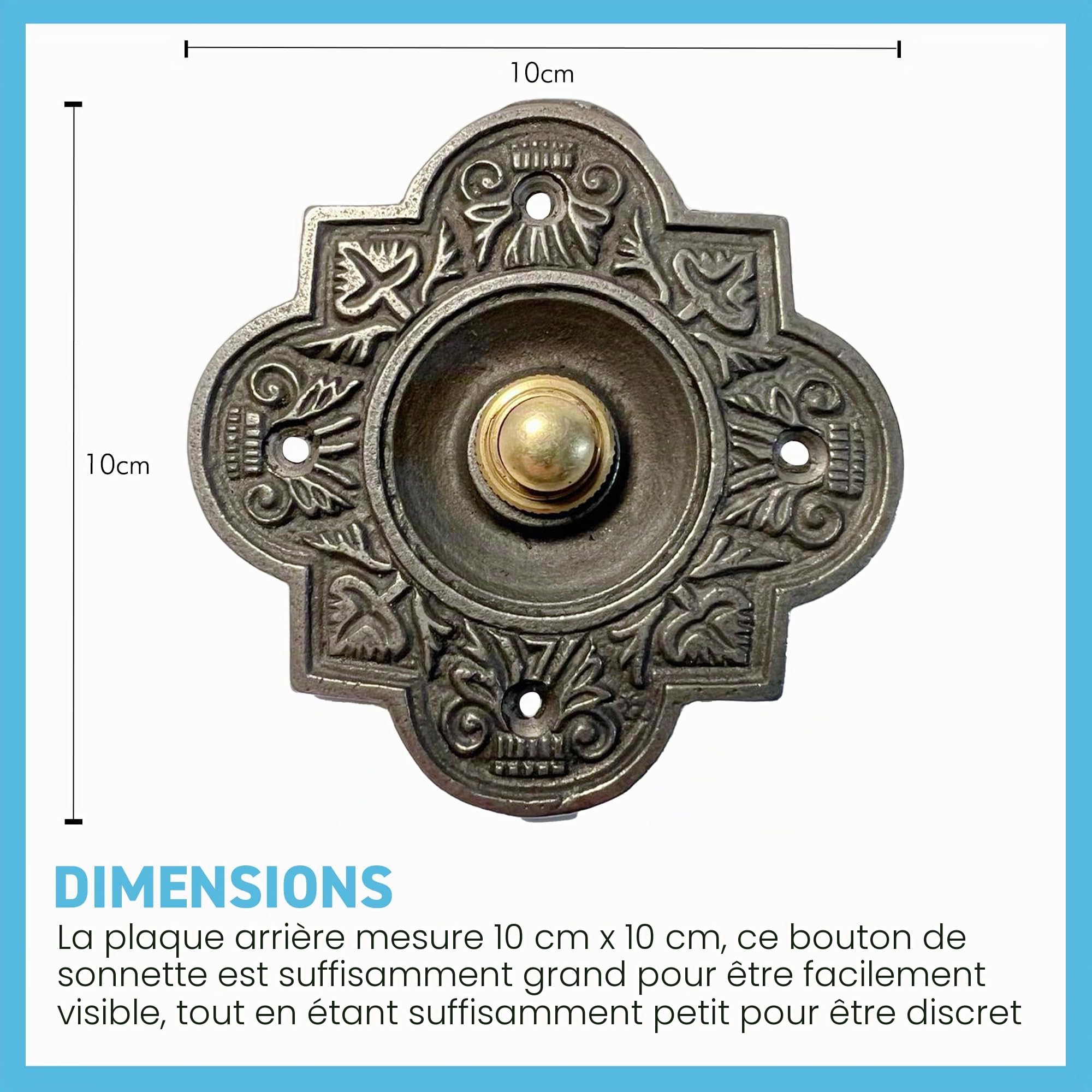 Bouton poussoir de sonnette en fonte de forme traditionnelle à quatre feuilles | 10 cm x 10 cm | Bouton poussoir en laiton avec entourage en fonte | Sonnette de porte style vintage