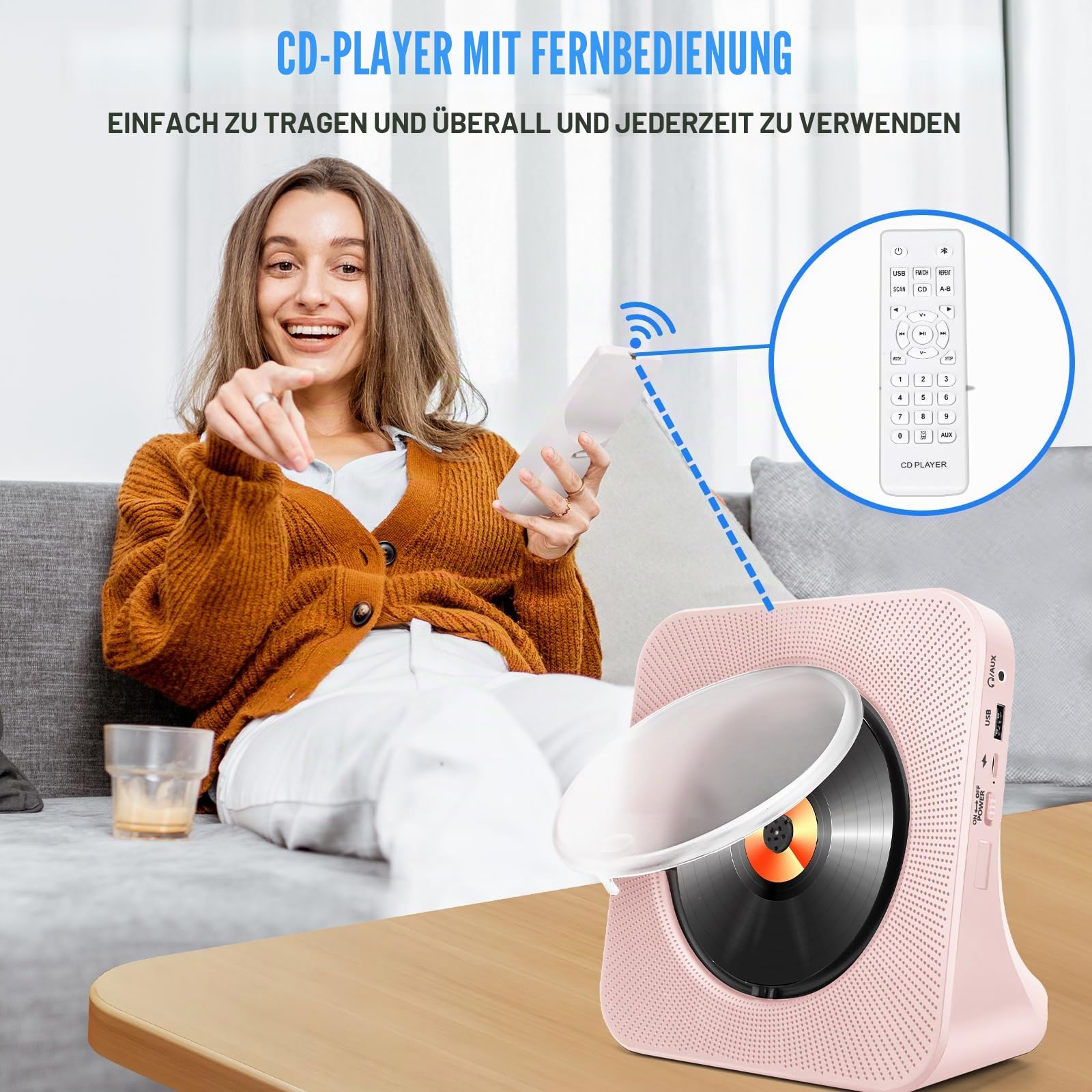 Tragbarer CD-Player mit Bluetooth, HoneTeek Desktop-Player für Heim-HiFi-Lautsprecher, CD-Musik-Fernbedienung, Timer und FM-Radio, Boombox, USB-AUX, LED-Bildschirm-Display (Rosa), (JZBA-CDBA02PK)