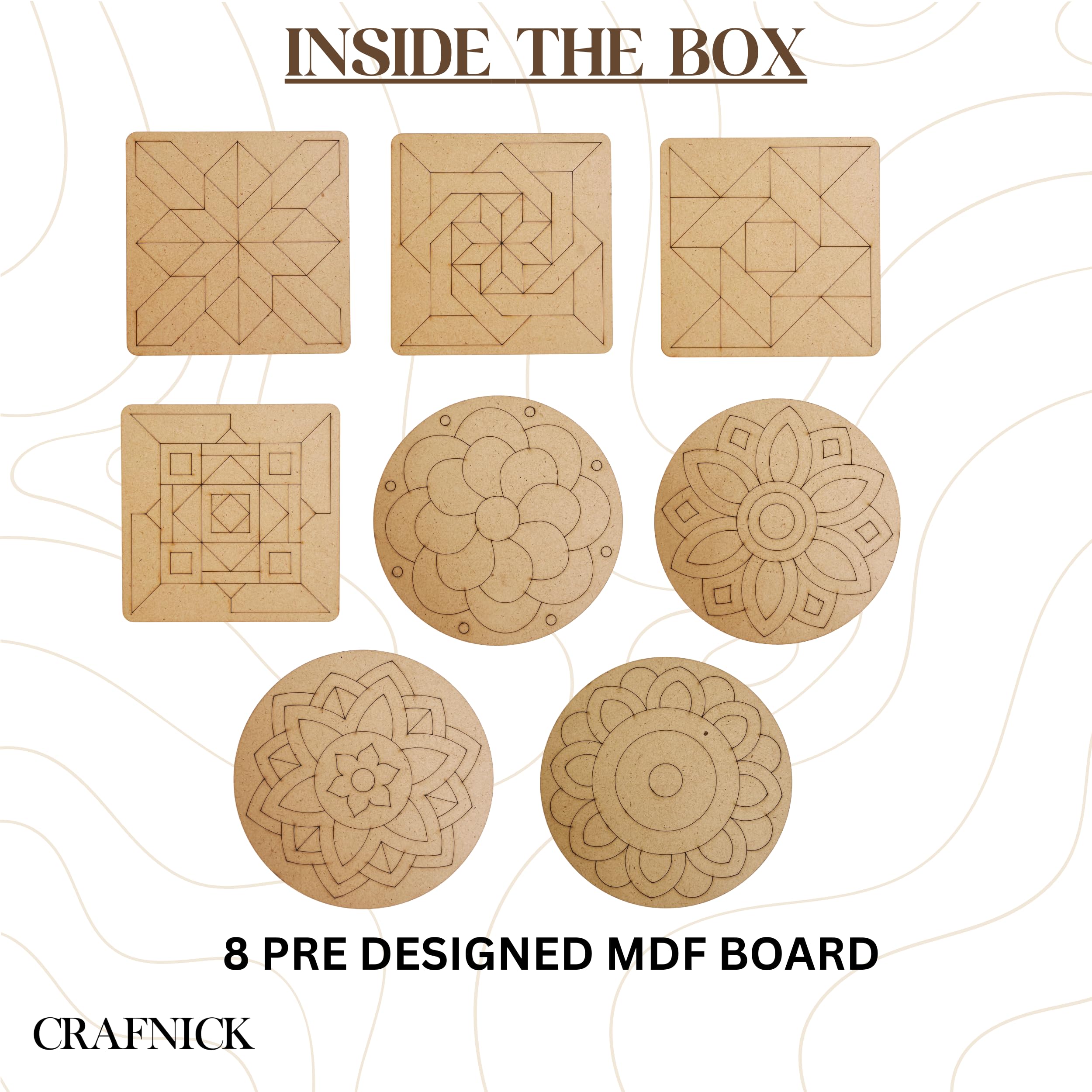 CRAFNICK® Premarked MDF Boards for Art and Craft | Set of 8-4 Inch - 2.5 Mm | Premarked Mandala Board Coasters | Canvas for Kids | MDF Cutouts for Painting, Lippan Art DIY Kit for Kids (Round Square) 2