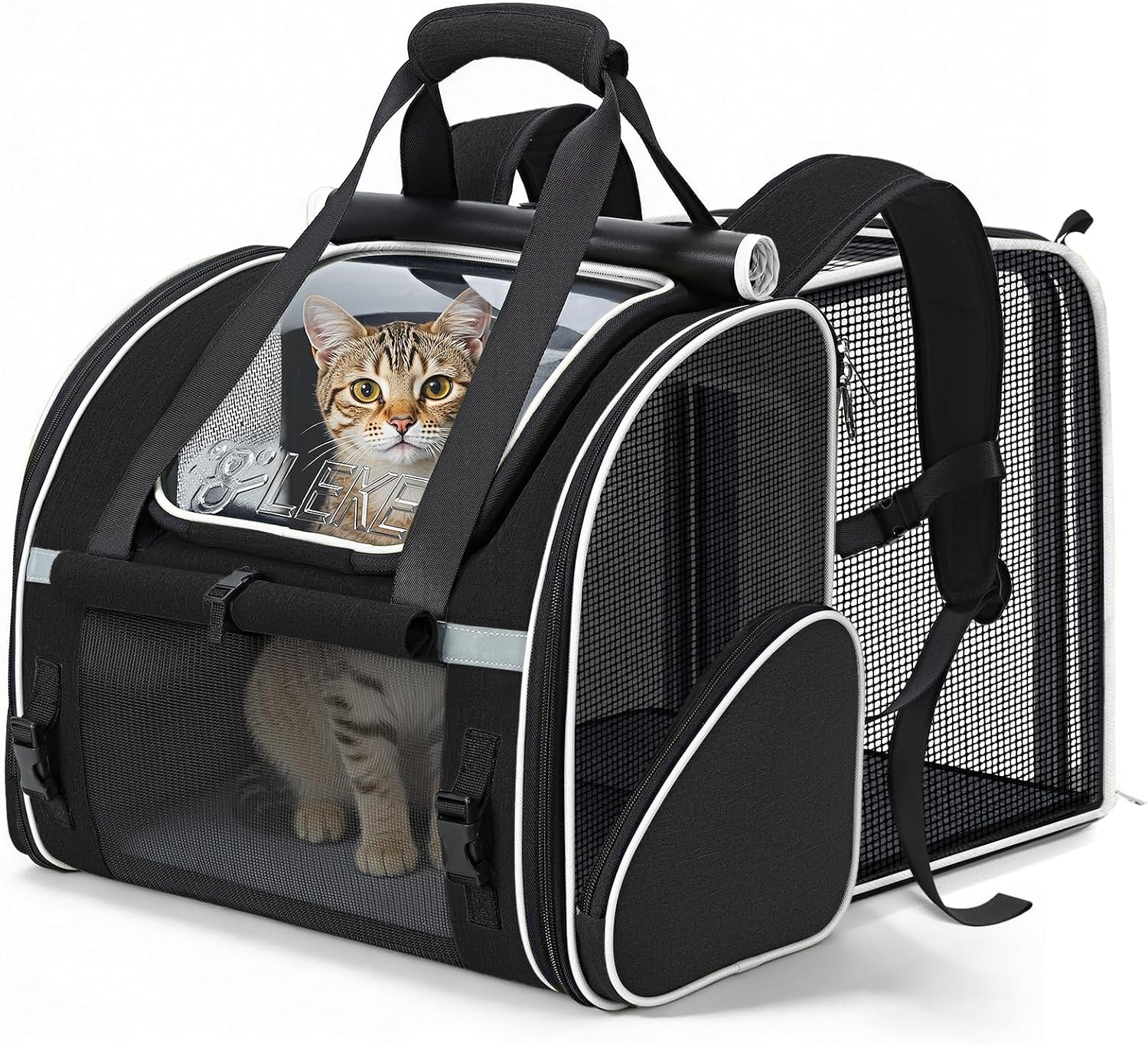 Lekereise Expandable Cat Backpack Carrier for Cats and Small Dogs up to 18 lbs, Widened Interior with 30% More Bottom Space, Rear Expansion up to 80% More Space, Breathable Mesh, Sun Shade, Black