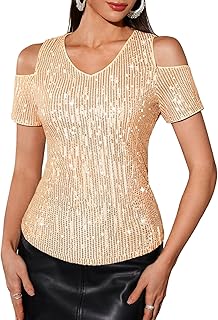 Women's Sequin Sparkly Tops, Holiday Party Glitter Christmas V-Neck Shor...