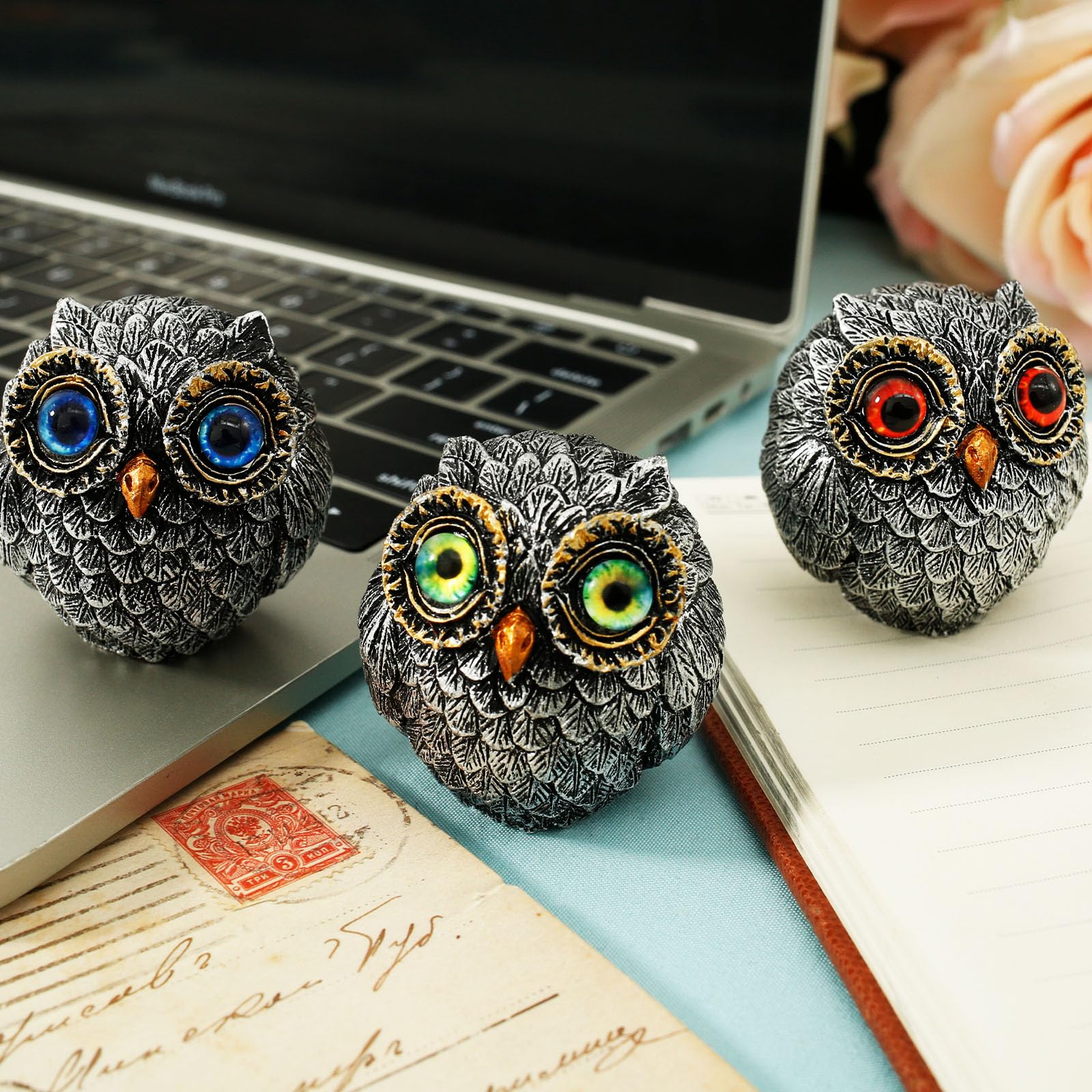 ATopoler 3Pcs Mini Owl Figurines,4cm Lucky Owl Ornament Decoration,Realistic Bird Sculpture Decorative for Home Office Garden Bedroom Decor