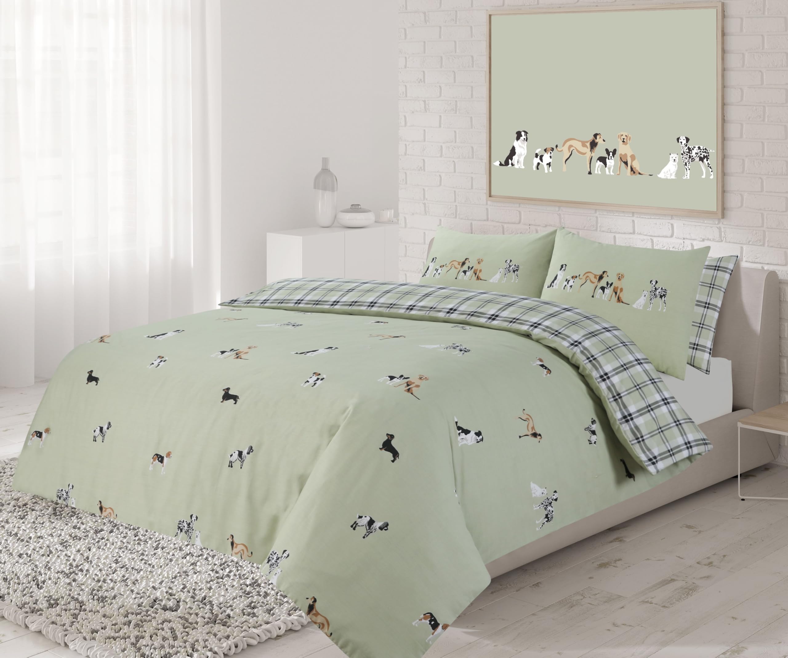 Charlotte Andersen Green Dog Duvet Cover Single Polycotton Reversible White Bedding Set (, Single)