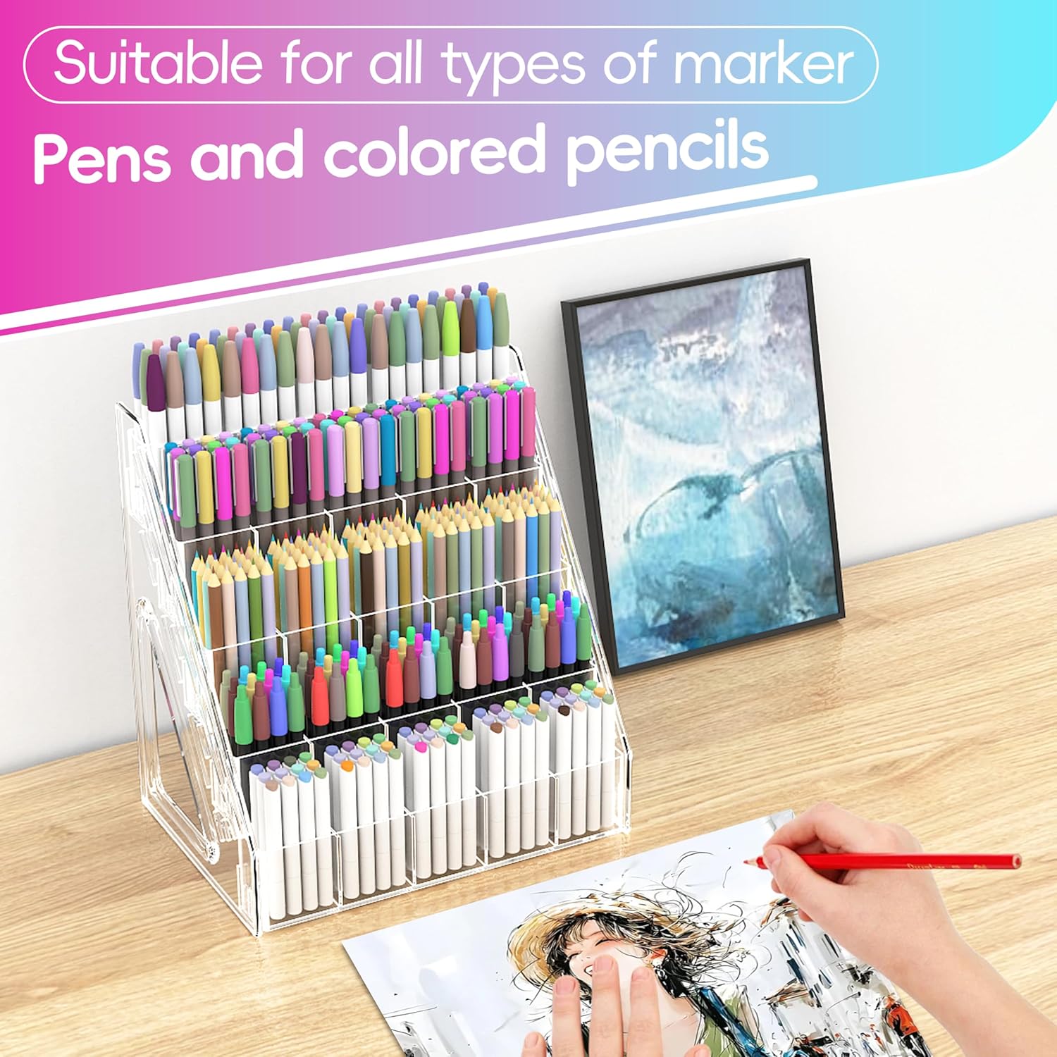 150 Slots Marker Organizer, 5 Tier Acrylic Marker Storage Rack, Desktop Marker Holder for Alcohol Markers, Copic, Ohuhu, Colored Pencils & Pens