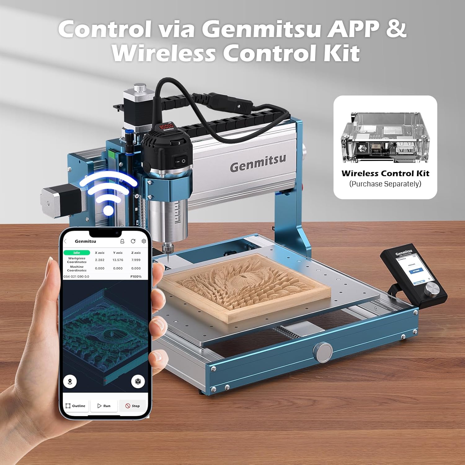 Genmitsu 3030-PROVer Ultra CNC Router showing control via Genmitsu APP and Wireless Control Kit