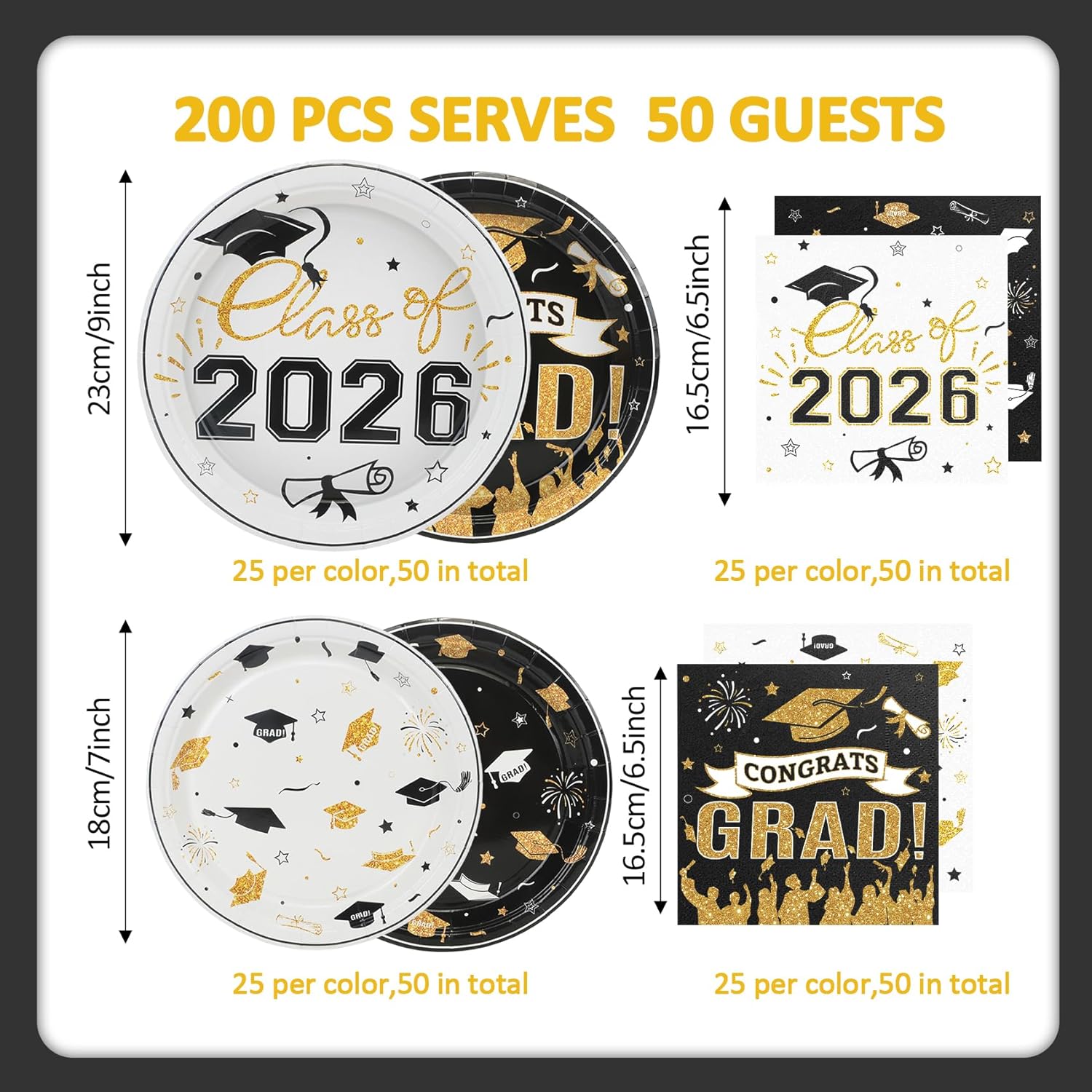 Graduation Plates and Napkins 2026-200Pcs Black and Gold Graduation Decorations - Class of 2026 Disposable Paper Plates Napkins for Congrats Grad Party Decorations, Serve 50