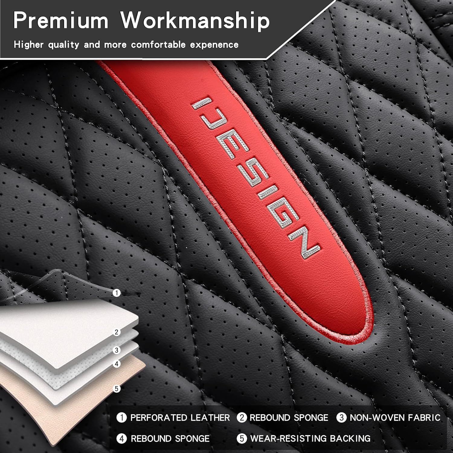 Comfortable Leather Auto Car Seat Covers Front & Rear Seat Protector Fit Sedan SUV 5 Seats Full Set Universal Fit (Black & Red)