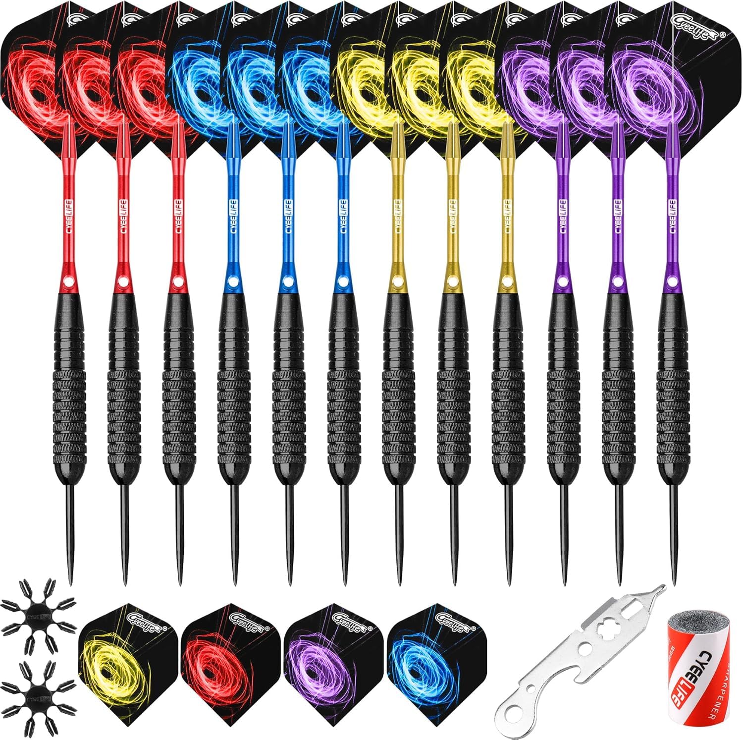 CyeeLife Juego de Dardos de Punta de Acero de 22/28 g con cañas de Aluminio (4 Colores) + 16 Protectores y vuelos + sacapuntas + Herramienta, 12 Paquetes (4 Juegos) para 4 Principiantes — view 8