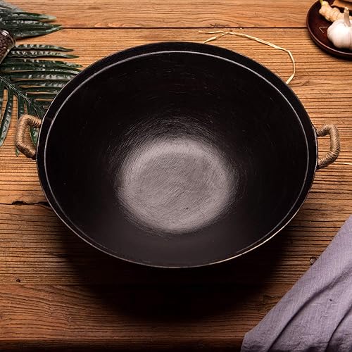 Miniatura 4 de ZhenSanHuan Wok de hierro fundido hecho a mano, sin revestimiento, sin pintura, saludable, fondo plano, apto para inducción (12.6 pulgadas)