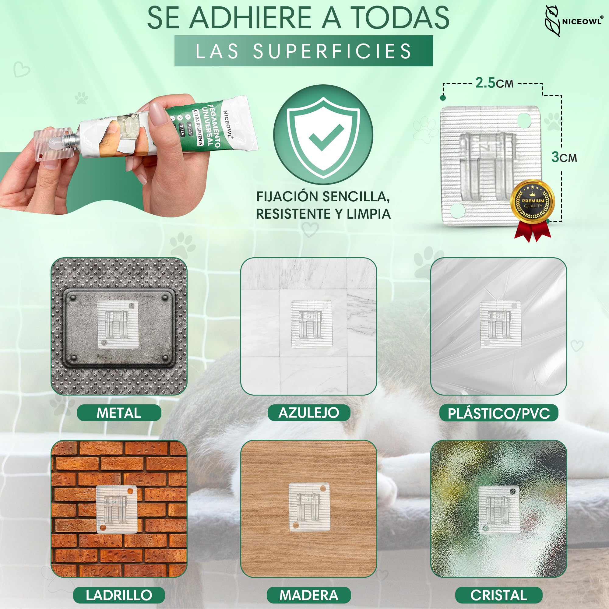 Kit de Fijación Red Sin Taladros | Juguete Gratis | Pack 70 Ganchos Adhesivos + 100ml Pegamento Universal +35 Bridas + Lija | Red para Gatos Terraza | Clips Anti UV | Red Gatos Terraza