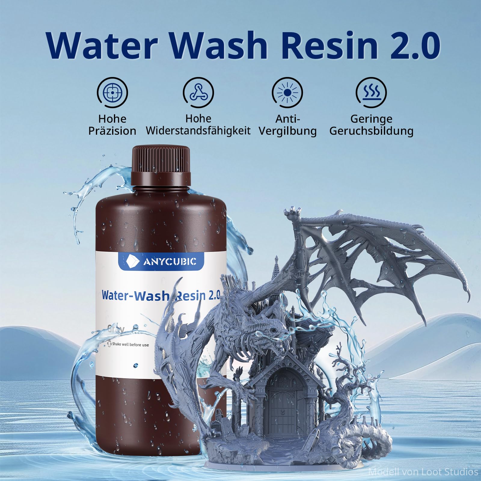 ANYCUBIC Wasser Abwaschbar Resin 2.0, żywica 3D Drucker zmywalna wodą, Przeciw żółknięciu, żywica UV 405nm Standardowy fotopolimer Harz Geringer Geruch für alle LCD 3D Drucker, szary 1000g