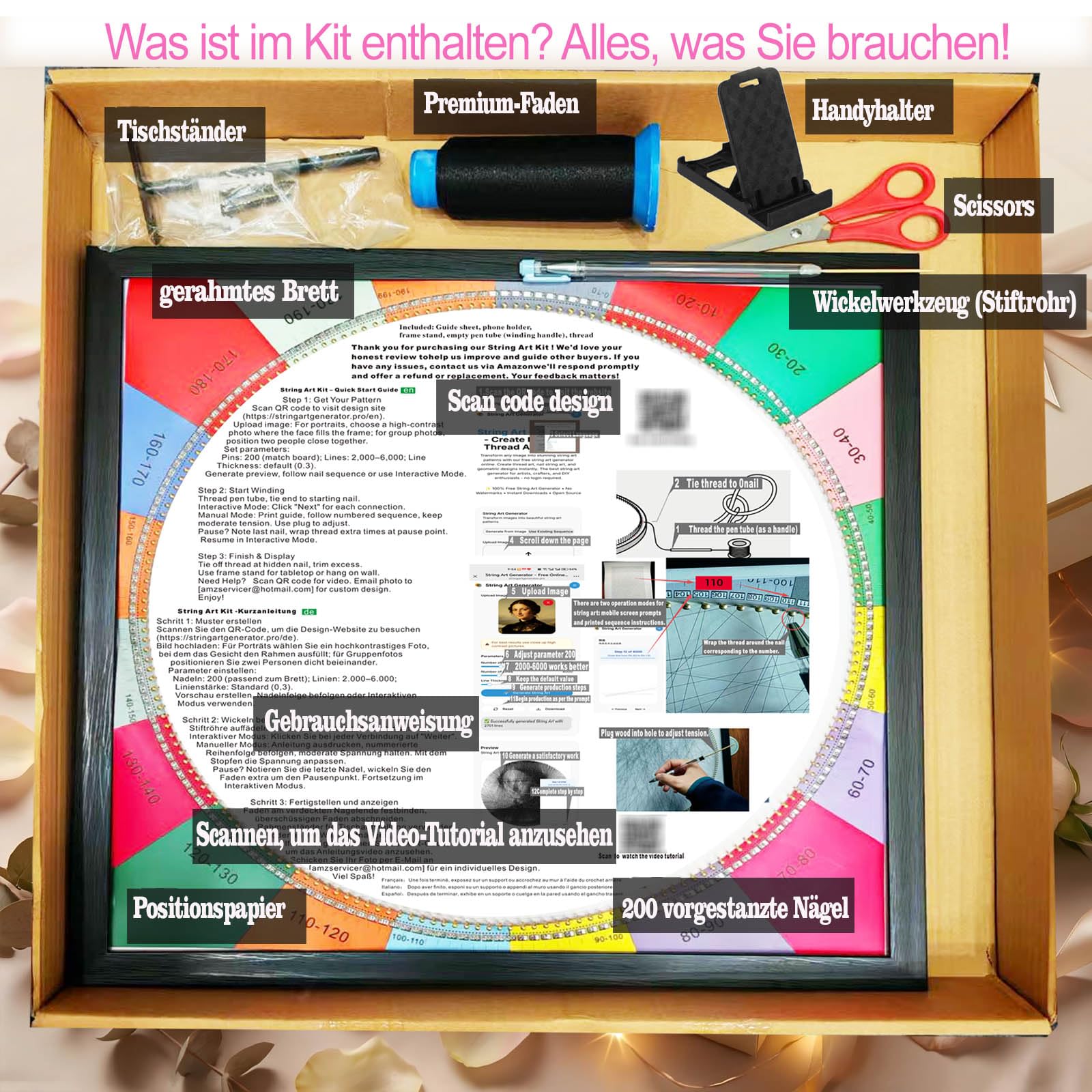 ssmiss Großes String Art Set 40x40cm - 200 Nägel String Art Kit mit Rahmen & Ständer - QR-Code für Video-Anleitung - Schnell in 3-7 Stunden DIY Bastelset- Geschenk für Anfänger, Erwachsene