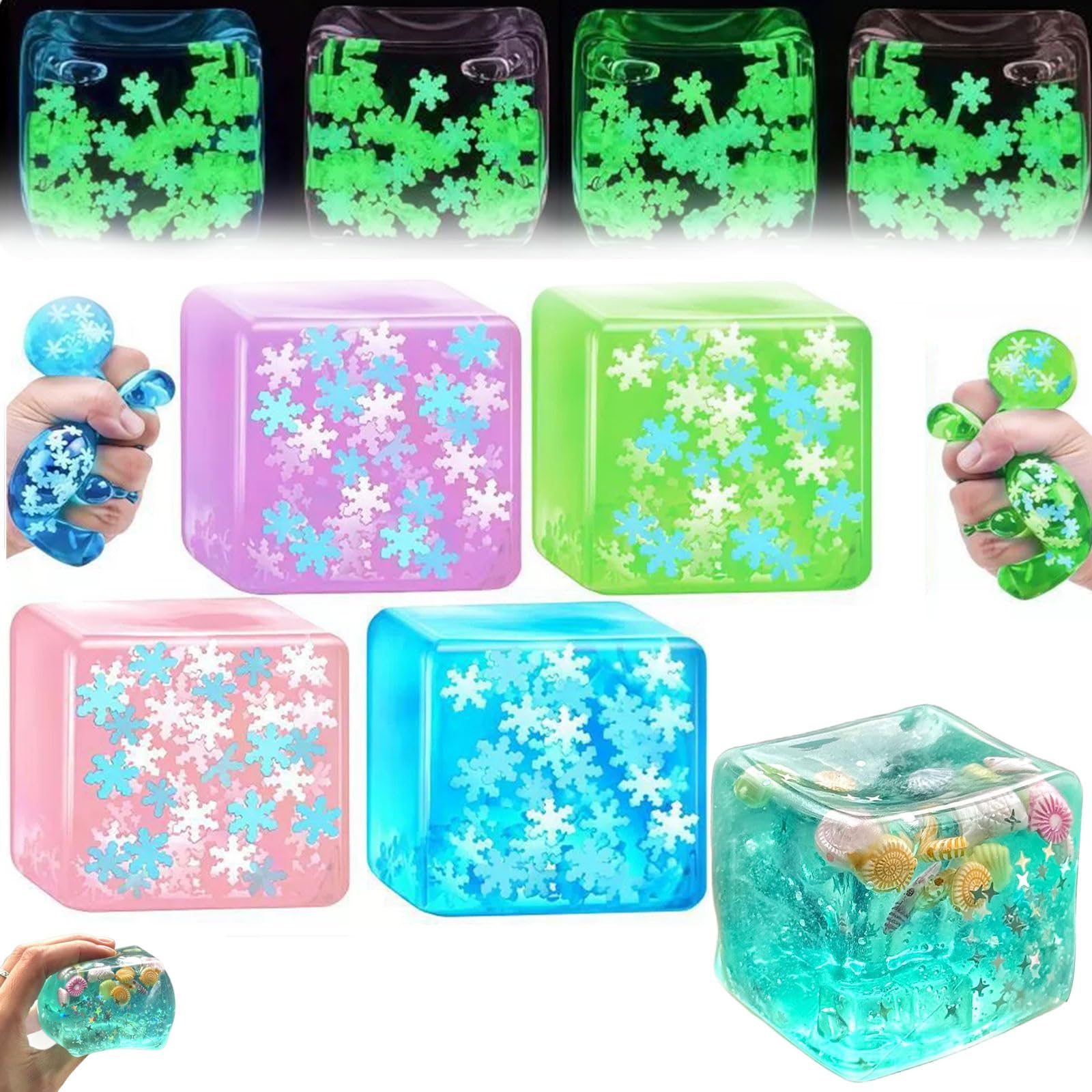 Squishy Nice Ice Cube Squeeze Toys, Ocean Seashell Ice Cube Stress Ball, Night Light Fidget Stress Cube Fidget Toy for Anxiety Relief, Not Easy to Fall Off Sensory Toys (Ocean ,A)