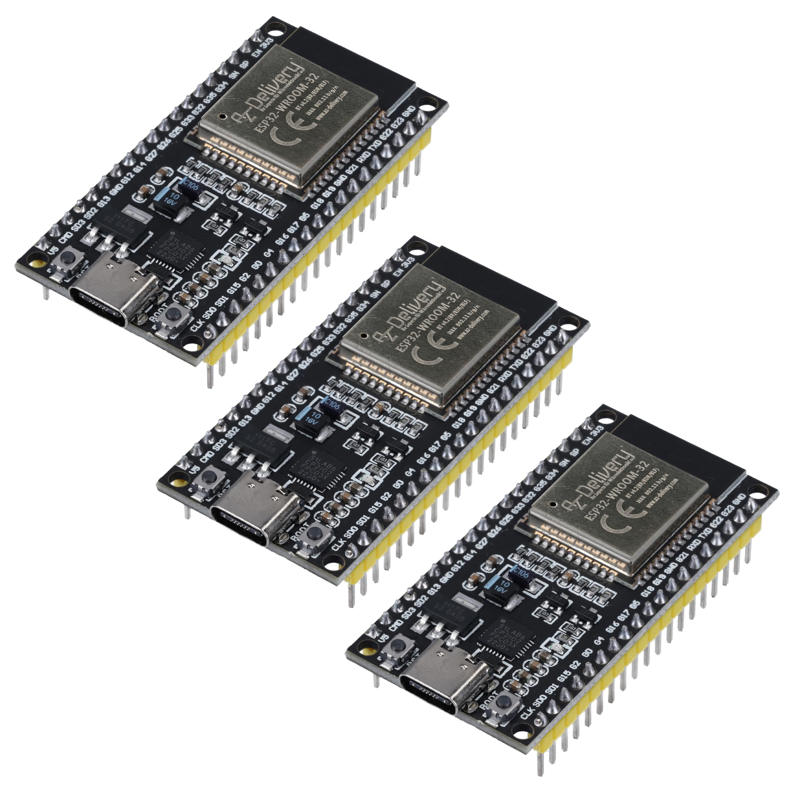 AZDelivery Lot de 3 modules WiFi ESP32 NodeMCU - Carte de développement C avec port CP2102 et USB-C - ESP 32 ESP32 Wroom 32 - Compatible avec Arduino et e-book inclus
