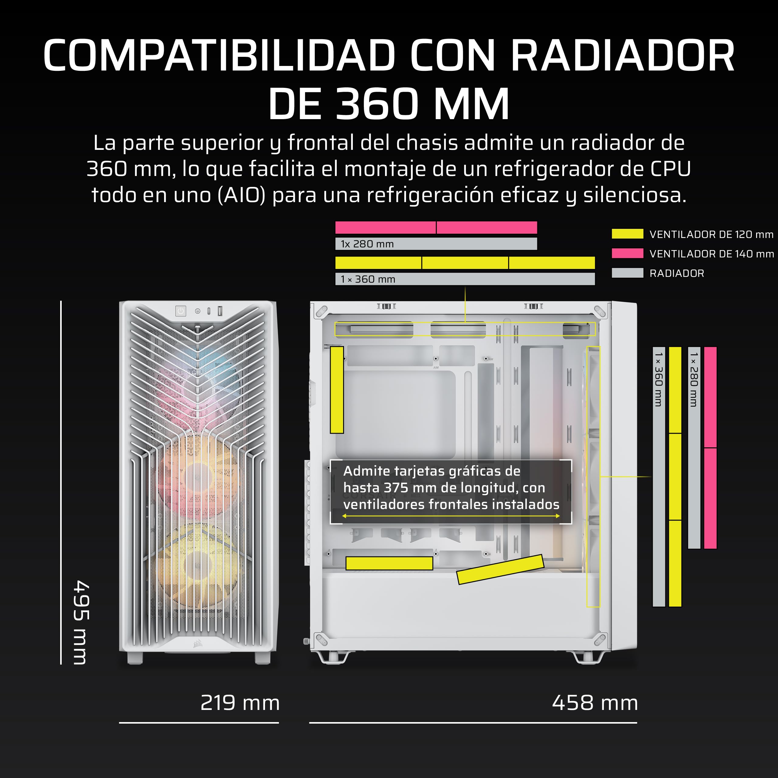 CORSAIR 3200D RS Caja para PC Semitorre ARGB – Blanco | 3 Ventiladores RS120 ARGB PWM Incluidos, Brazo Anticaída GPU, ASUS BTF, MSI Project Zero, Gigabyte Project Stealth