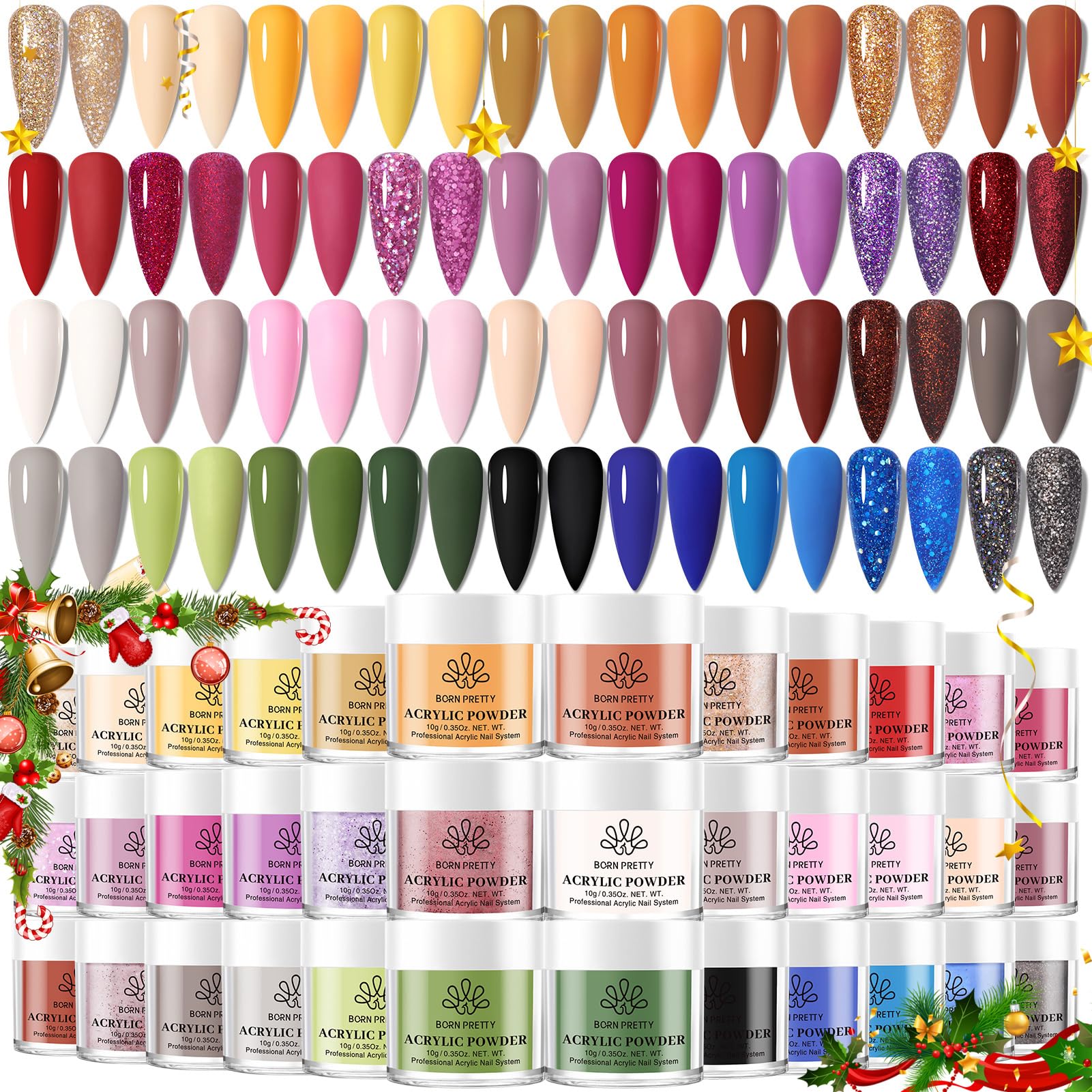 BORN PRETTY Acrylic Powder Set 36 Colors Fall Winter Acrylic Nail Powder Red Green Blue Orange Yellow Professional Polymer 3D Nail Art Kit for French Extension Carving Christmas Gift Set