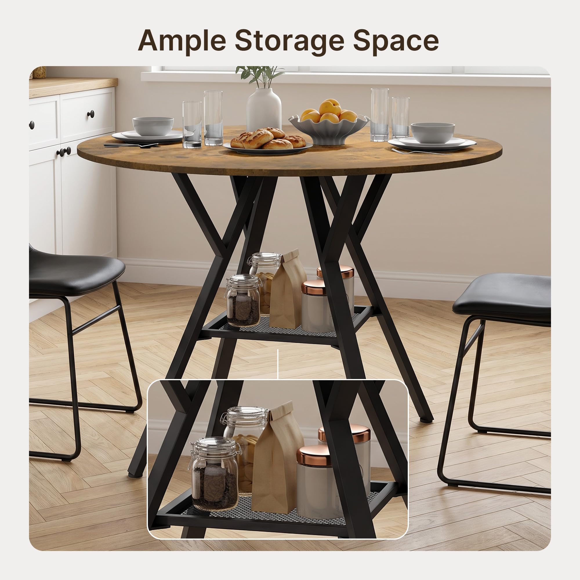 Tavolo da Pranzo Rotondo per 4-6 Persone, Tavolo da Cucina Industriale con Ripiano a Rete, Tavolo in Legno Salvaspazio per Sala da Pranzo e Cucina (Retrò, 100cm)