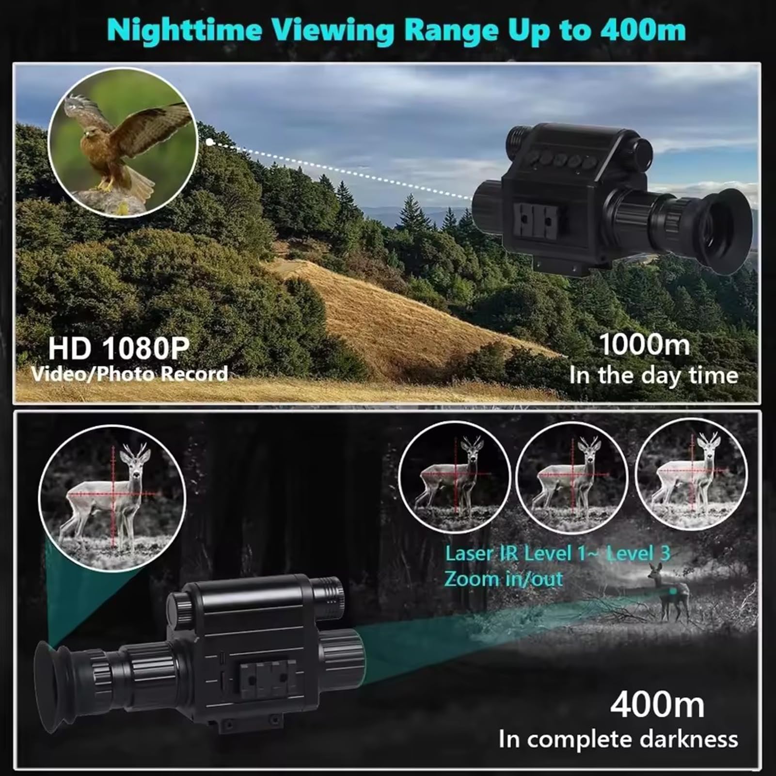 Lunettes de vision nocturne monoculaire infrarouge Zoom numérique 4x caméra avec viseur enregistrement vidéo photo HD 1080P