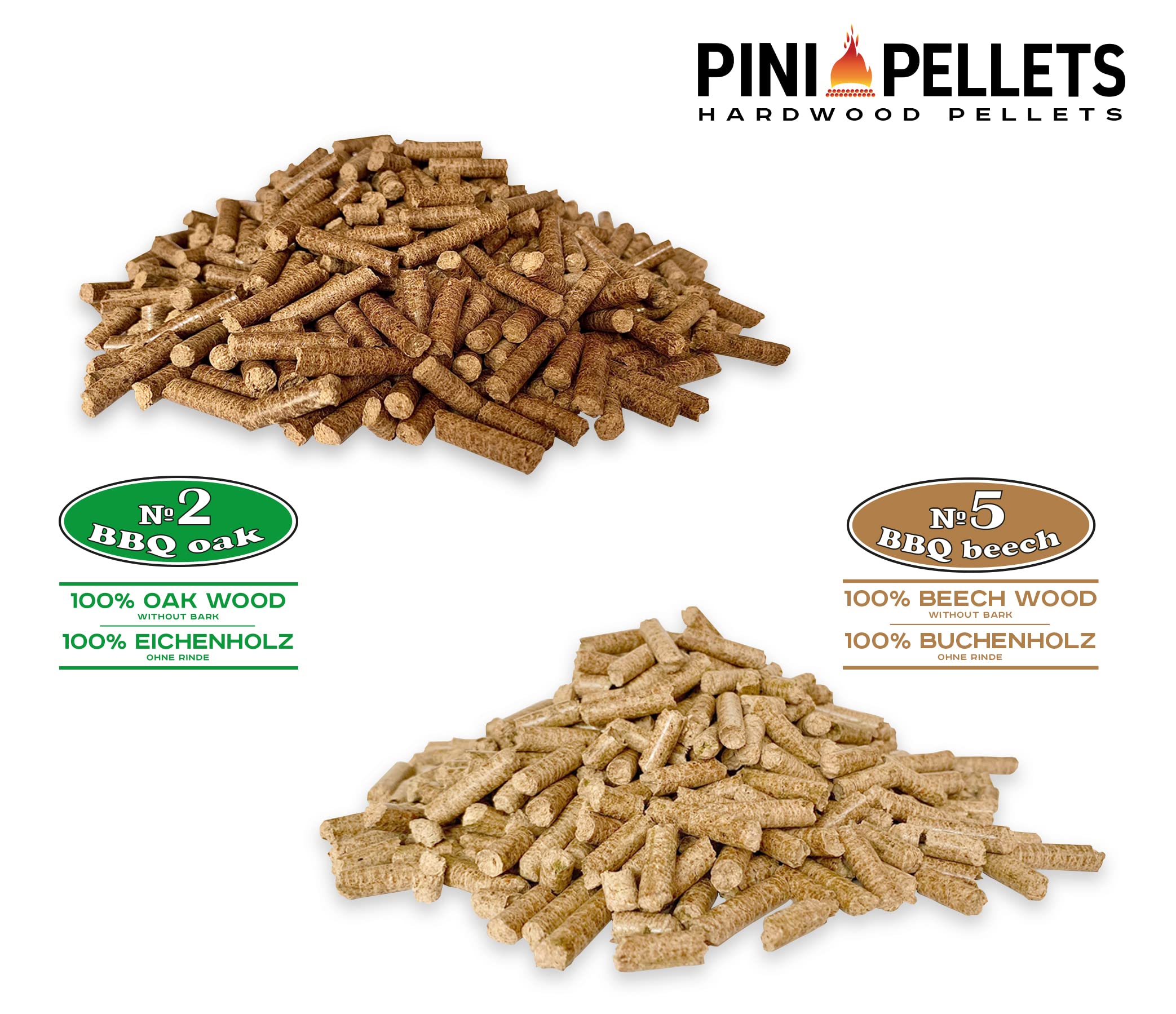 PINI Hartholz Pellets Eiche 15 Kg + Buche 15 Kg für Grill, Smoker, Pizzaofen und Heizungsanlagen