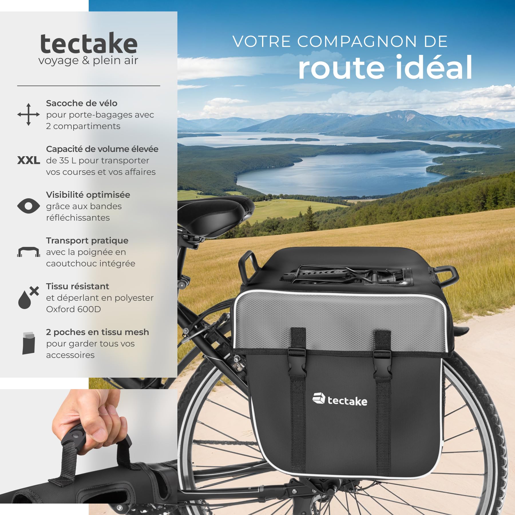tectake® Double Sacoche de vélo Porte-Bagage 35L Imperméable Accessoire Velo avec Bandes réfléchissantes & Poches Filets pour Bicyclette Cyclisme Panier Sac de Courses
