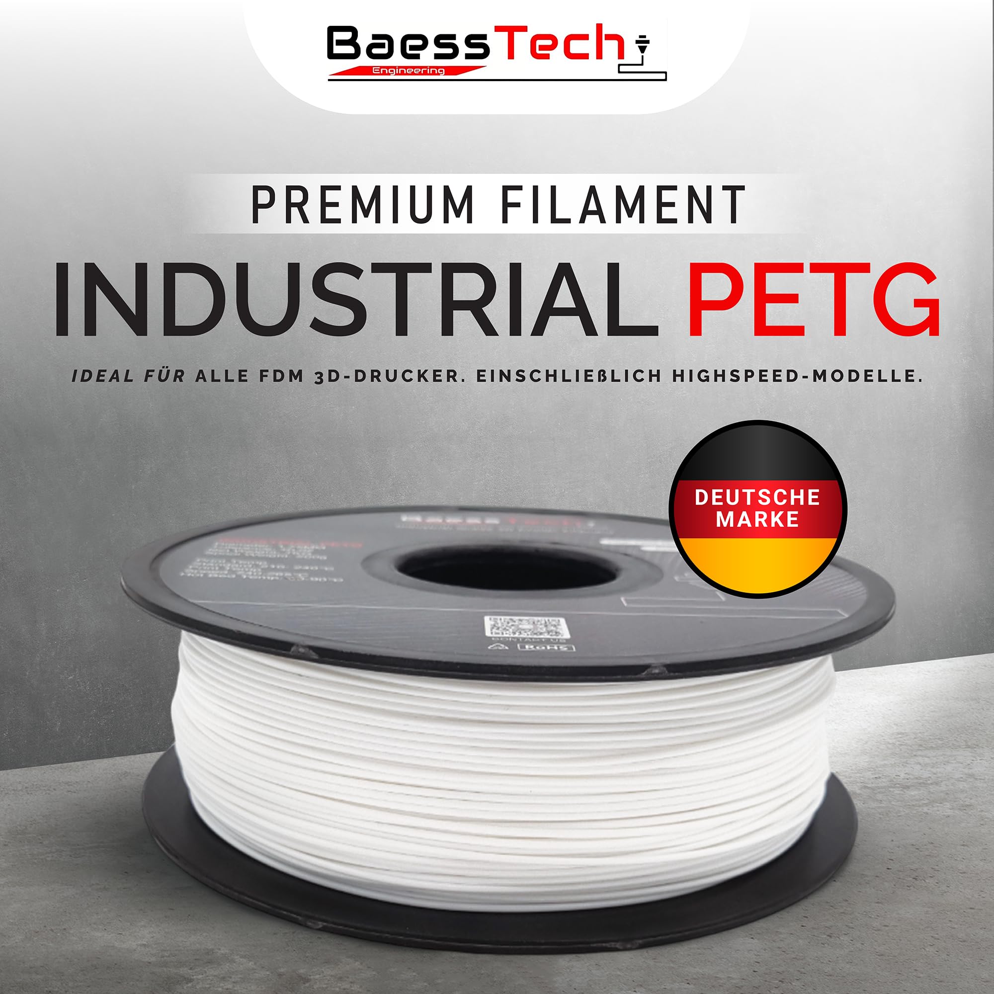 INDUSTRIAL PETG Filamento da 1,75 mm per stampante 3D, bobina da 1 kg, filamento PETG di alta qualità, qualità tedesca, avvolgimento pulito, colore bianco