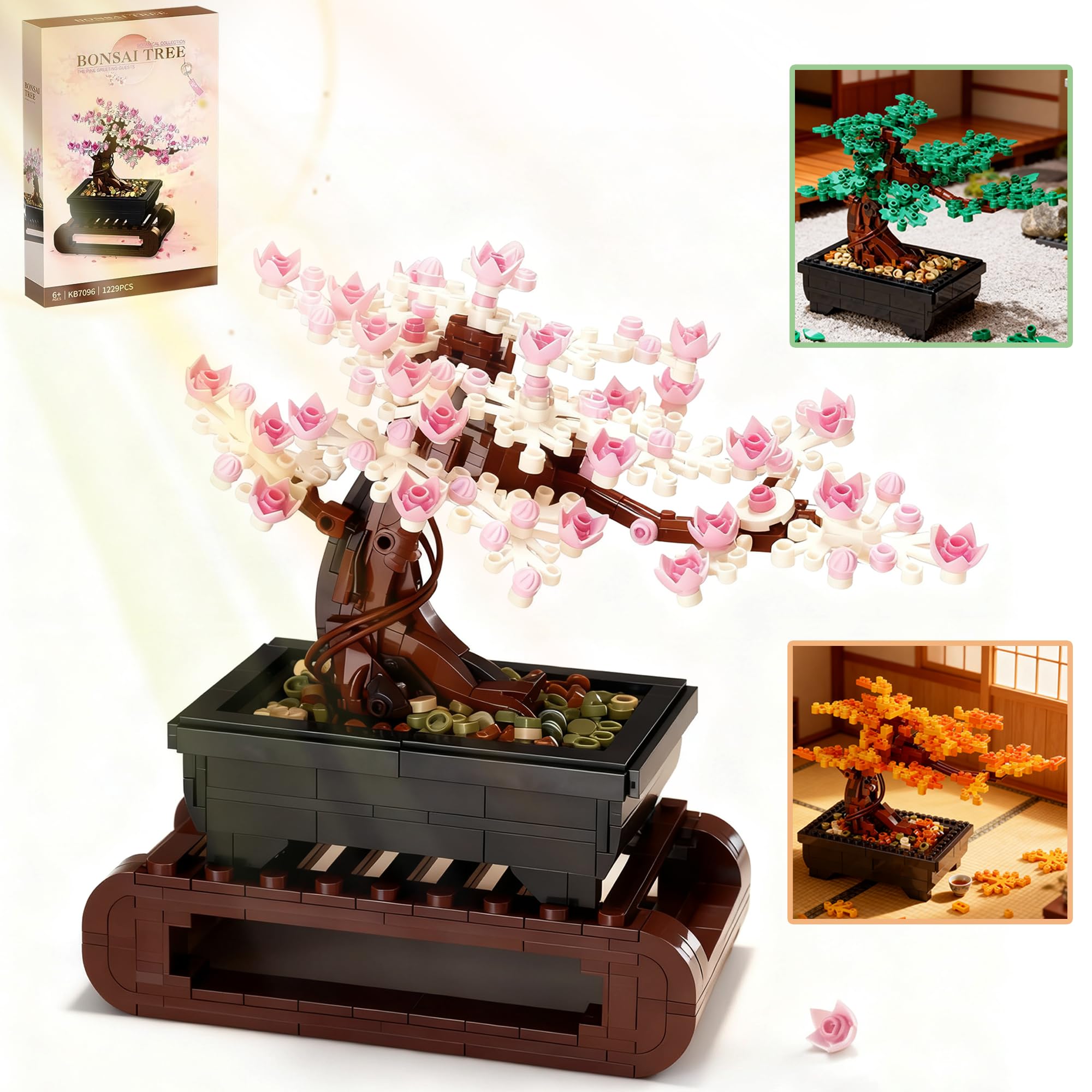 3IN1 Cherry Blossom Bonsai Tree Building Blocks Set, Botanicals 3 Season Leaf Bonsai Tree Building Bricks Compatible with Lego, Pink Flowers Plant Home Office Decor Ideal Gift for Adult Teen(1229PCS)