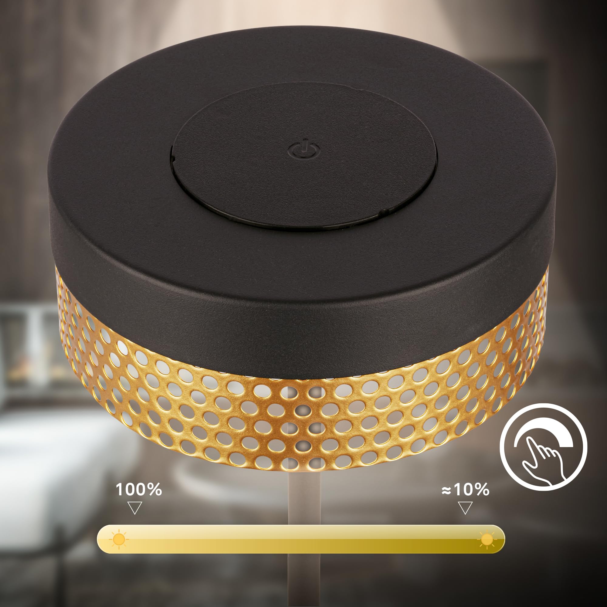 BRILONER - Akumulatorowa lampa stołowa LED IP44 z dotykiem, ściemniana, wymienna bateria, światło LED, lampa stołowa na baterie, lampka nocna, bezprzewodowa, zewnętrzna, 16 x 35 cm, czarno-złota